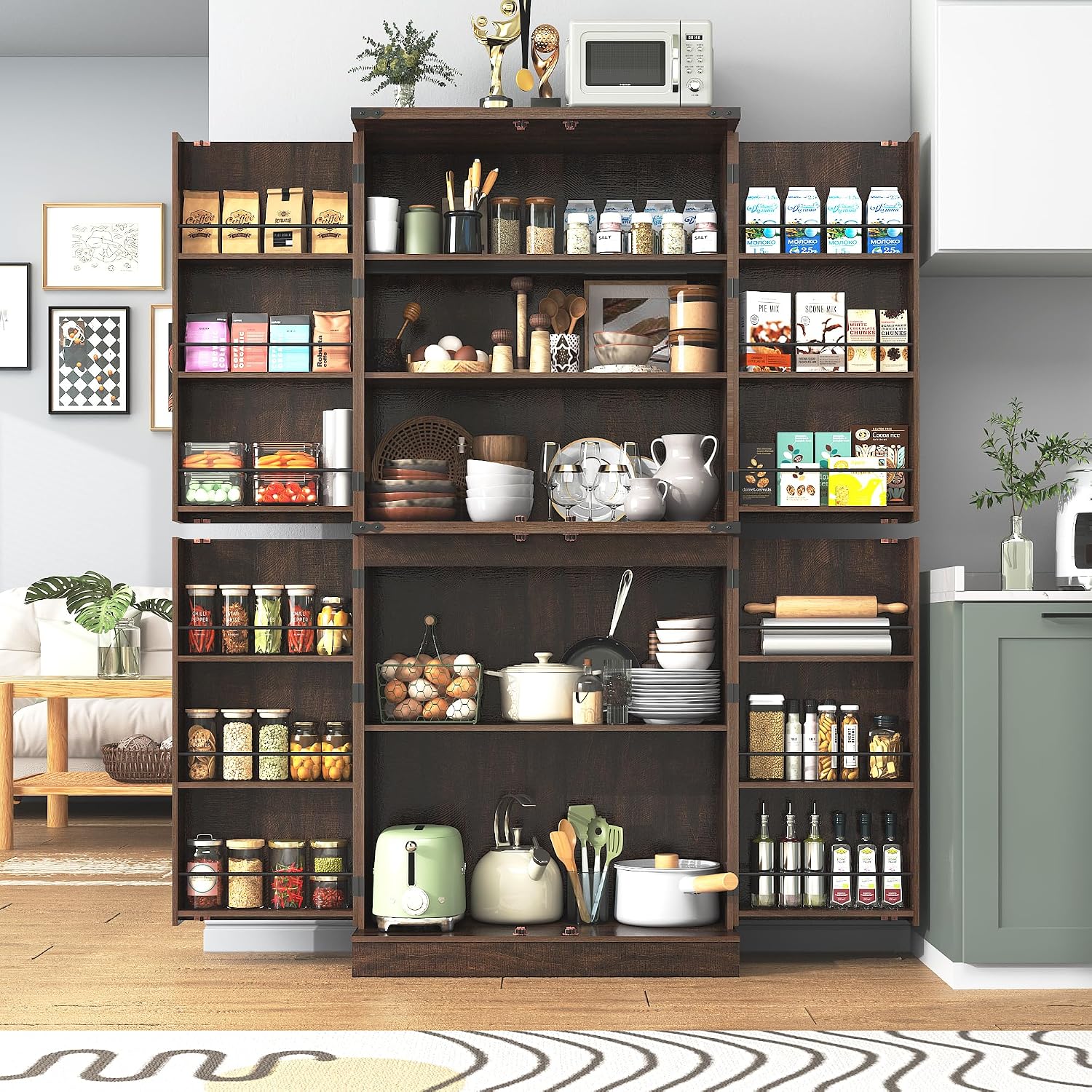 71' Tall Kitchen Pantry Cabinet, Farmhouse Tall Kitchen Storage Cabinet with Adjustable Shelves & 4 Barn Style Doors, Wooden Storage Cabinet for Kitchen, Dining Room, Living Room, Bathroom, Office