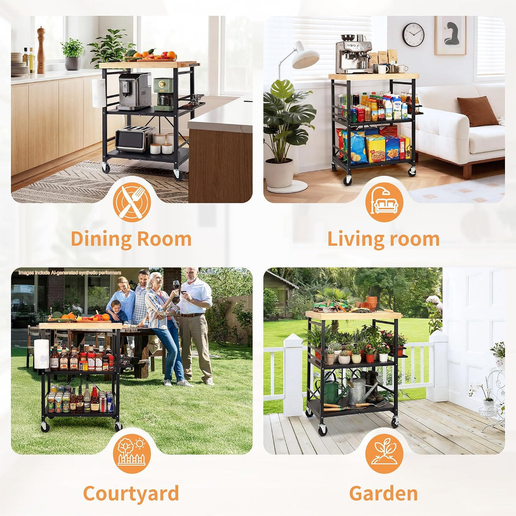 PLKOW Foldable Kitchen Cart with Solild Oak Wood Top, Rolling Kitchen Island on Wheels, 3-Tier Storage Utility Cart for Microwave, Toaster Oven, Small Spaces