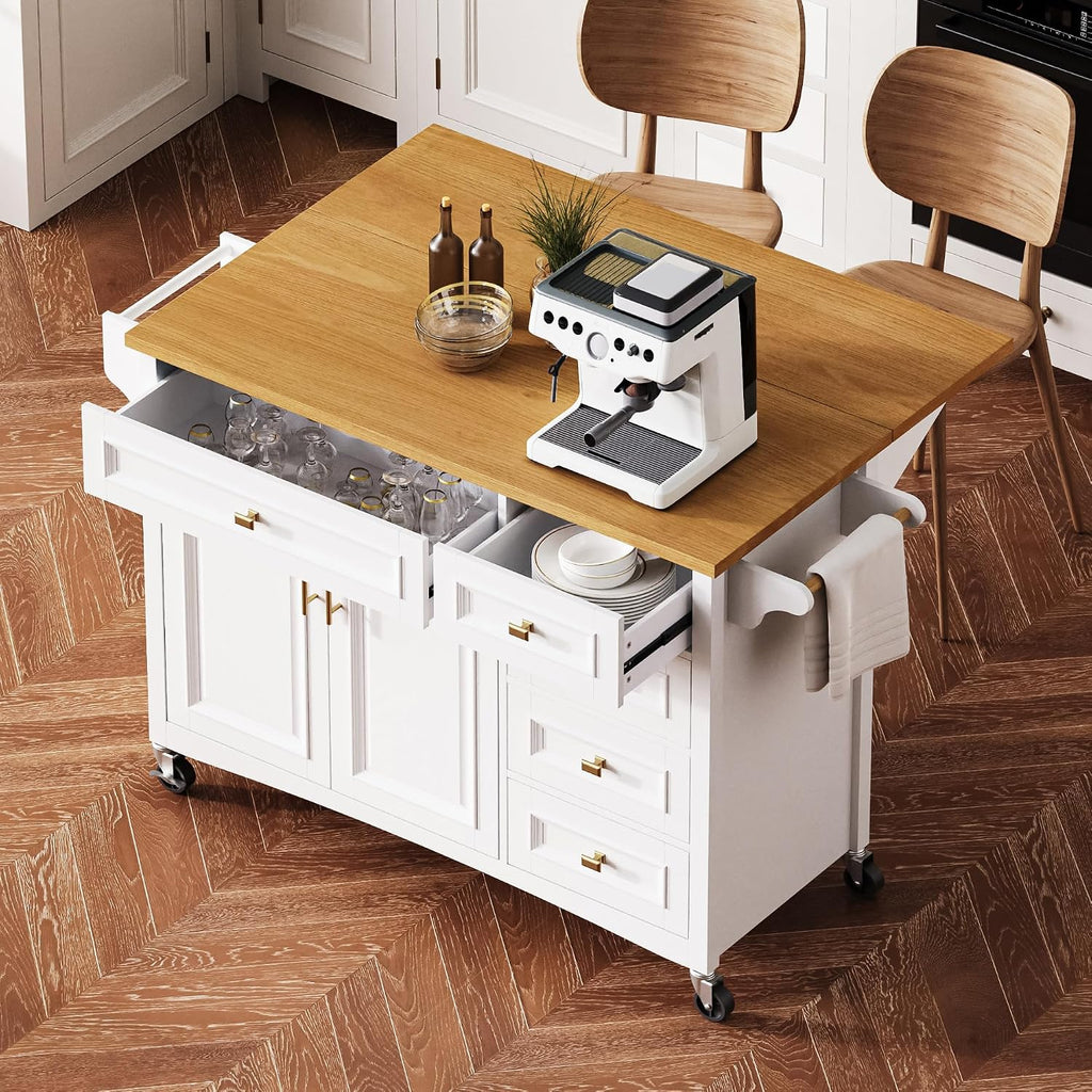 52' Kitchen Island Cart with Drop Leaf, Embossed Texture Kitchen Storage on Wheels with Spice Rack, Towel Rack, 5 Drawers, 2 Doors, Adjustable Shelf for Kitchen, Dining Room White