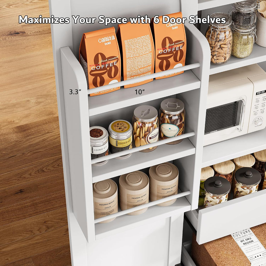iPormis 71' Tall Kitchen Pantry Storage Cabinet w/Adjustable Shelf, Door Shelves & Large Drawers, Freestanding Kitchen Cupboard for Dining Room/Living Room, White