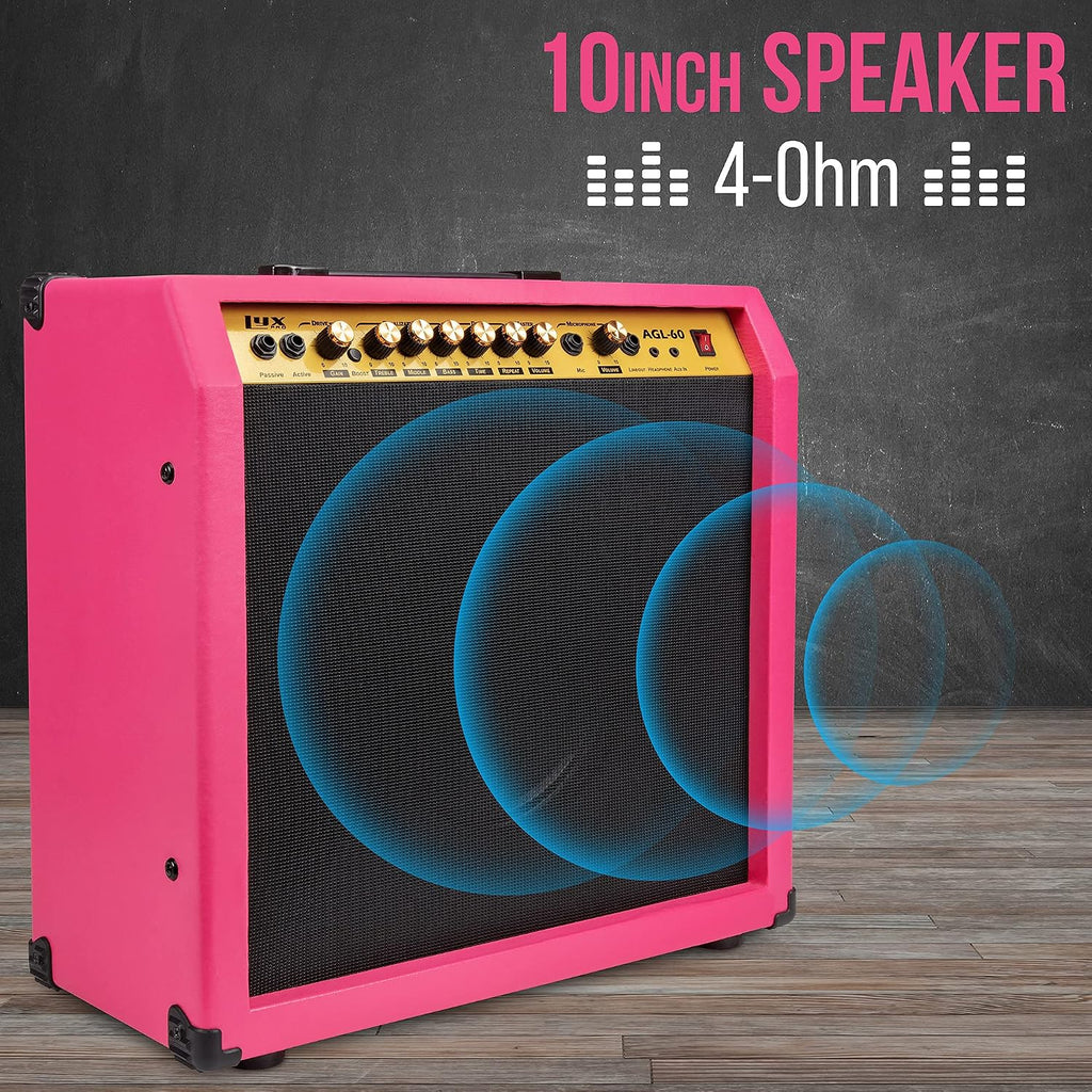 LyxPro 60 Watt Electric Guitar Amplifier | Combo Solid State Studio & Stage Amp with 10' 4-Ohm Speaker, Custom EQ Controls, Drive, Delay, ¼' Passive/Active/Mic Inputs, Aux In & Headphone Jack - Pink