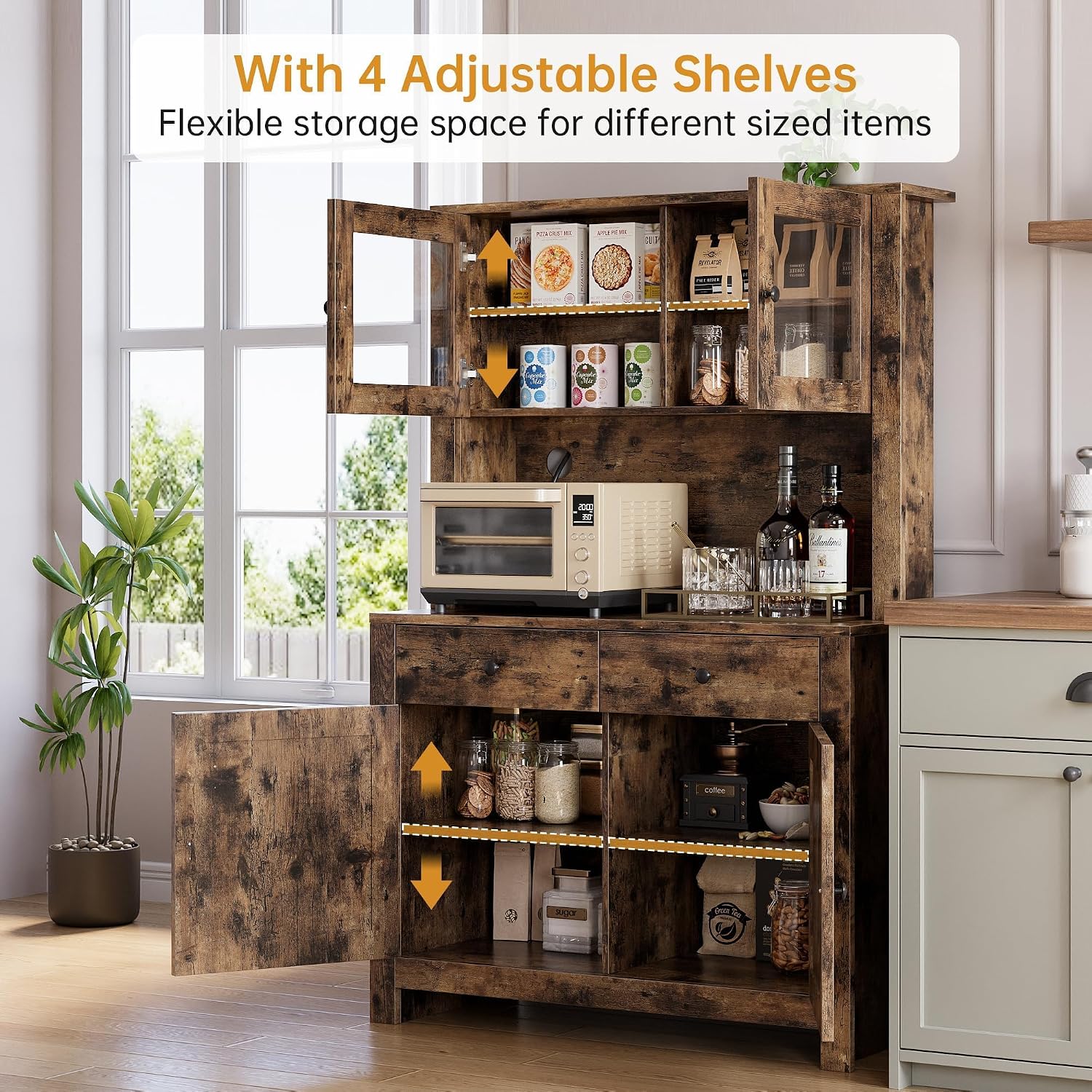 IDEALHOUSE 63' Kitchen Pantry Cabinet with Drawers, Hutch Cabinet with Storage, Microwave Stand, Adjustable Shelves, Freestanding Tall Pantry Storage for Dining Room, Living Room, Rustic Brown