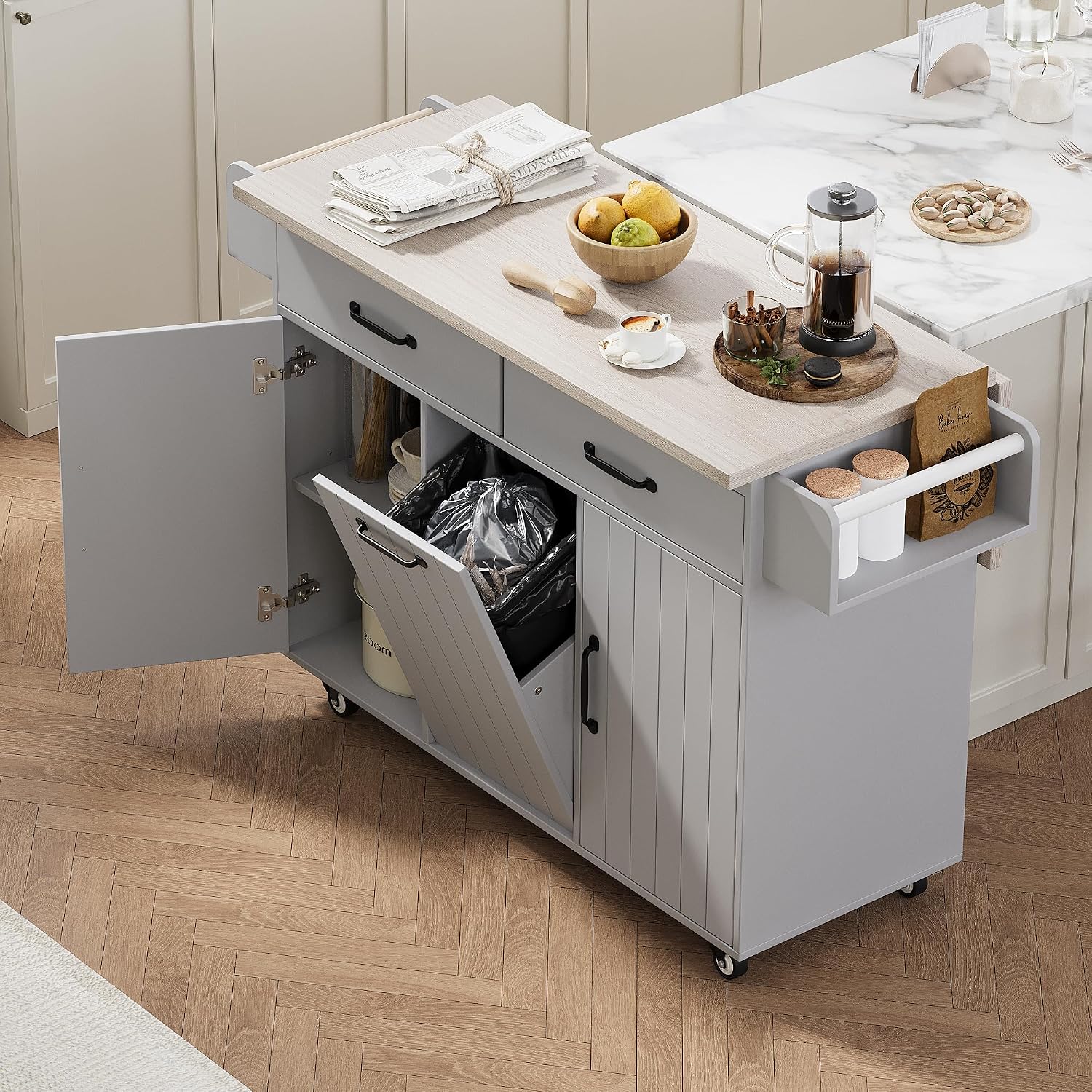 Rolling Kitchen Island Carton Wheels with Trash Can Storage Cabinet, Drop Leaf, Spice Rack, Towel Rack, Drawer, Adjustable Shelf for Dining Room Kitchens Grey