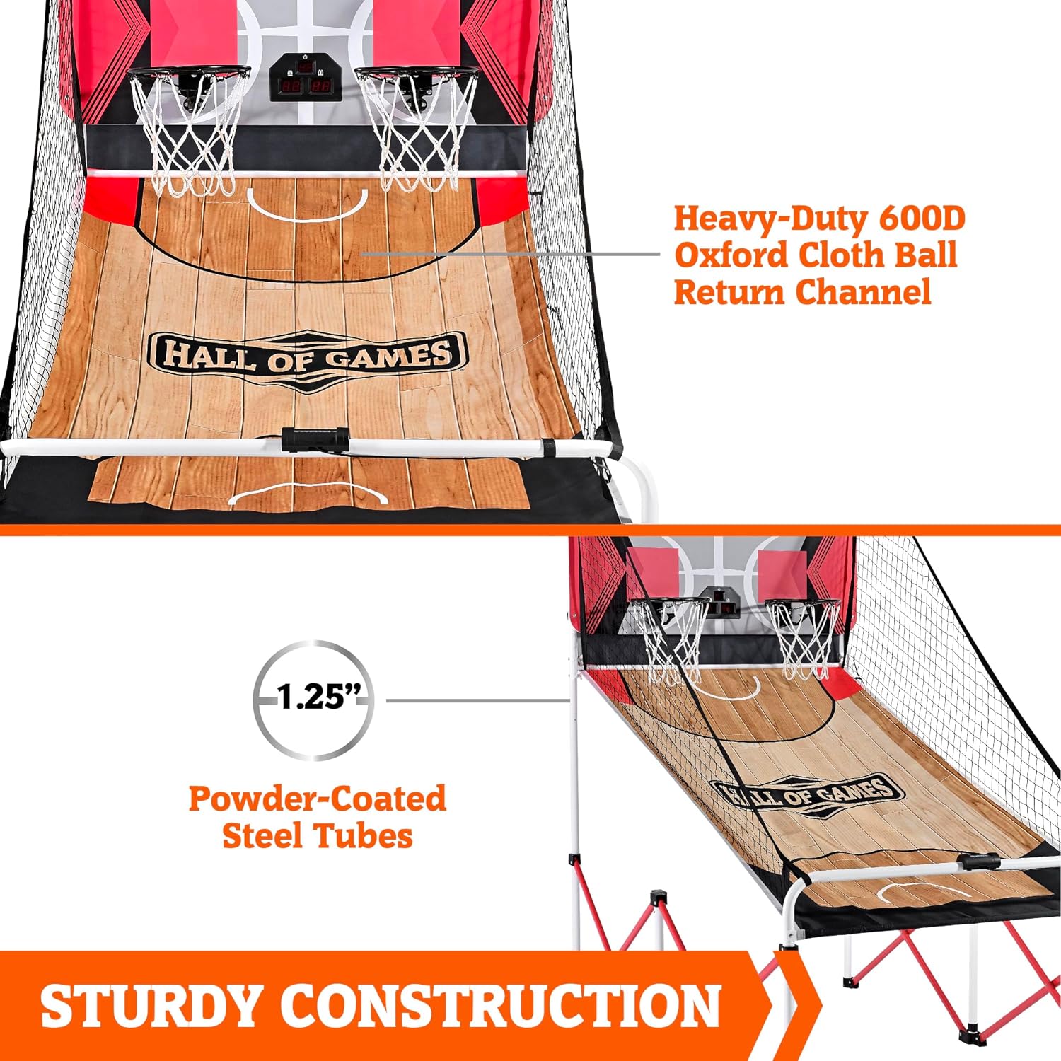 Hall of Games EZ Fold Premium Indoor Arcade Basketball Game with Steel Frame and Polycarbonate Backboard, Dual Shot Electronic Scoring with 6 Size 3 Balls Included, Perfect for Basement Game Rooms