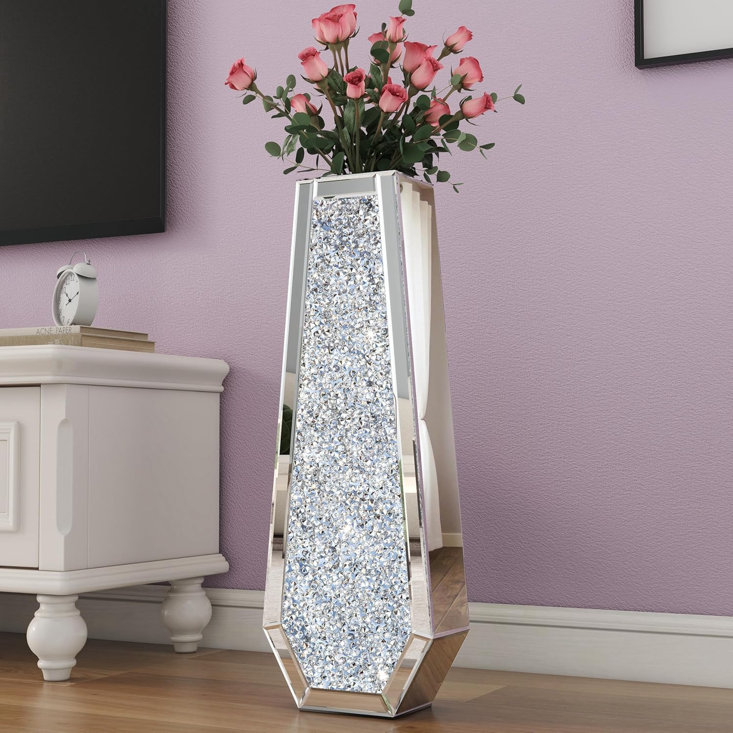 SHYFOY 30' Floor Vase Crushed Diamond Mirrored Vase Silver Tall Vases for Floor, Large Crystal Glass Decorative Floor Vases for Living Room Office Corner Hallway Home Decor