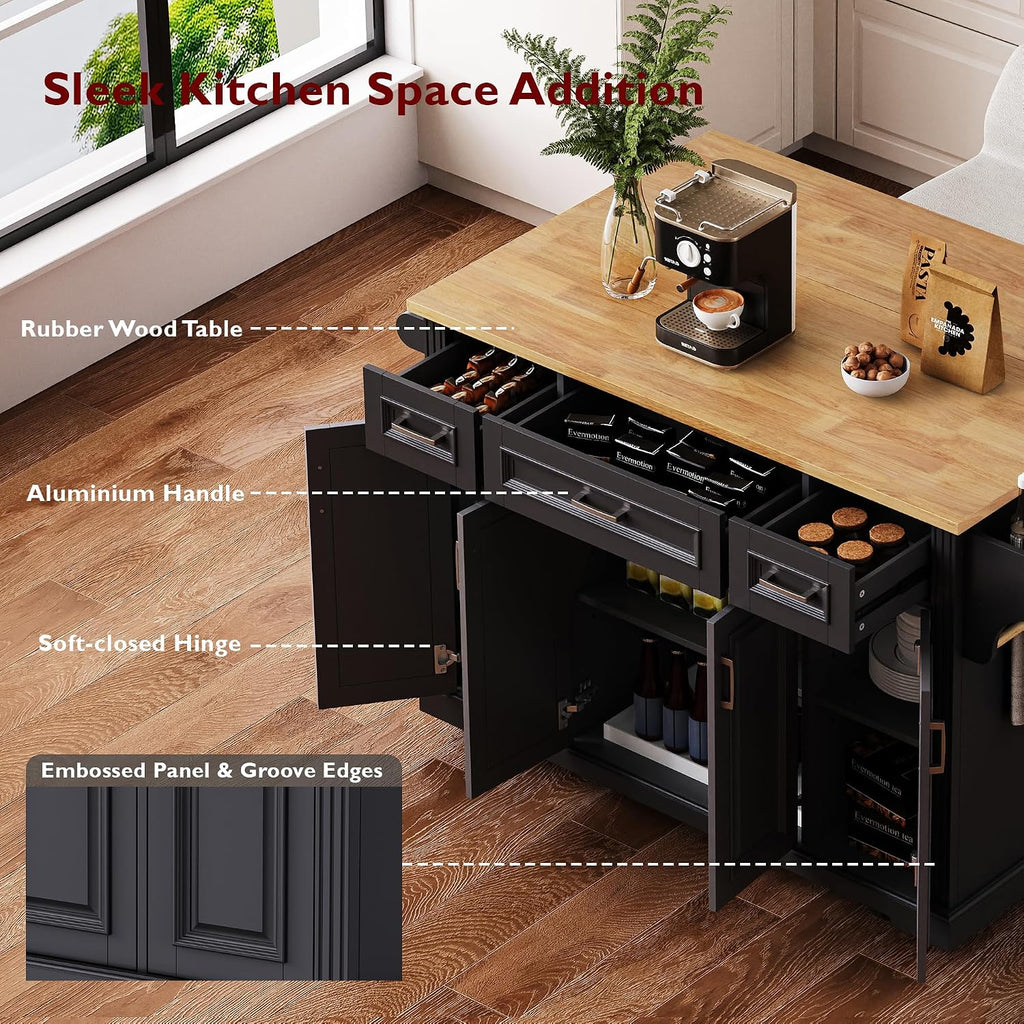 54' Rolling Storage Kitchen Island Cart on 4 Wheels with Drop Leaf, Embossed Texture, 4 Doors and 3 Drawers for Kitchen, Dining Room, Black, Rubber Wood Top