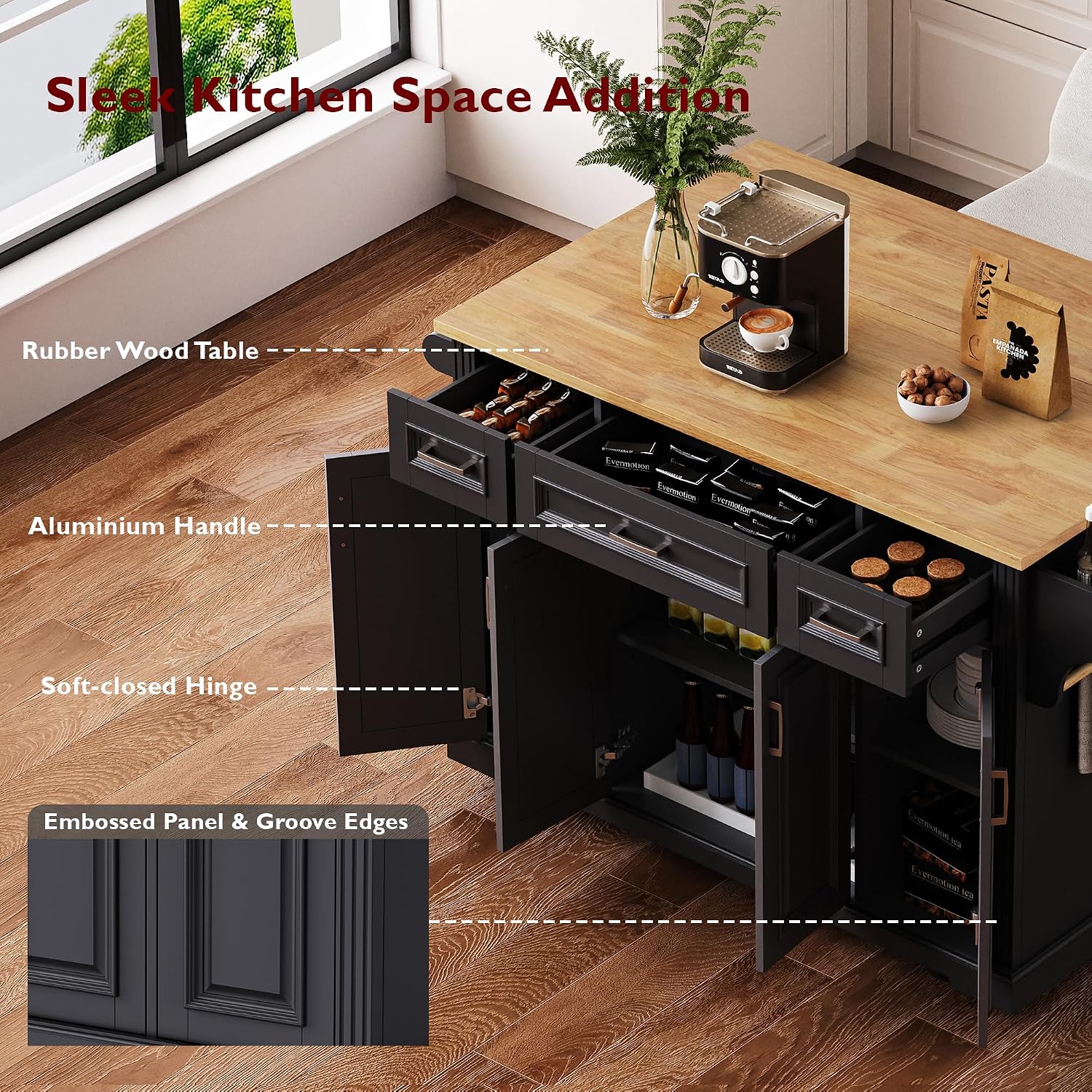 54' Rolling Storage Kitchen Island Cart on 4 Wheels with Drop Leaf, Embossed Texture, 4 Doors and 3 Drawers for Kitchen, Dining Room, Black, Rubber Wood Top