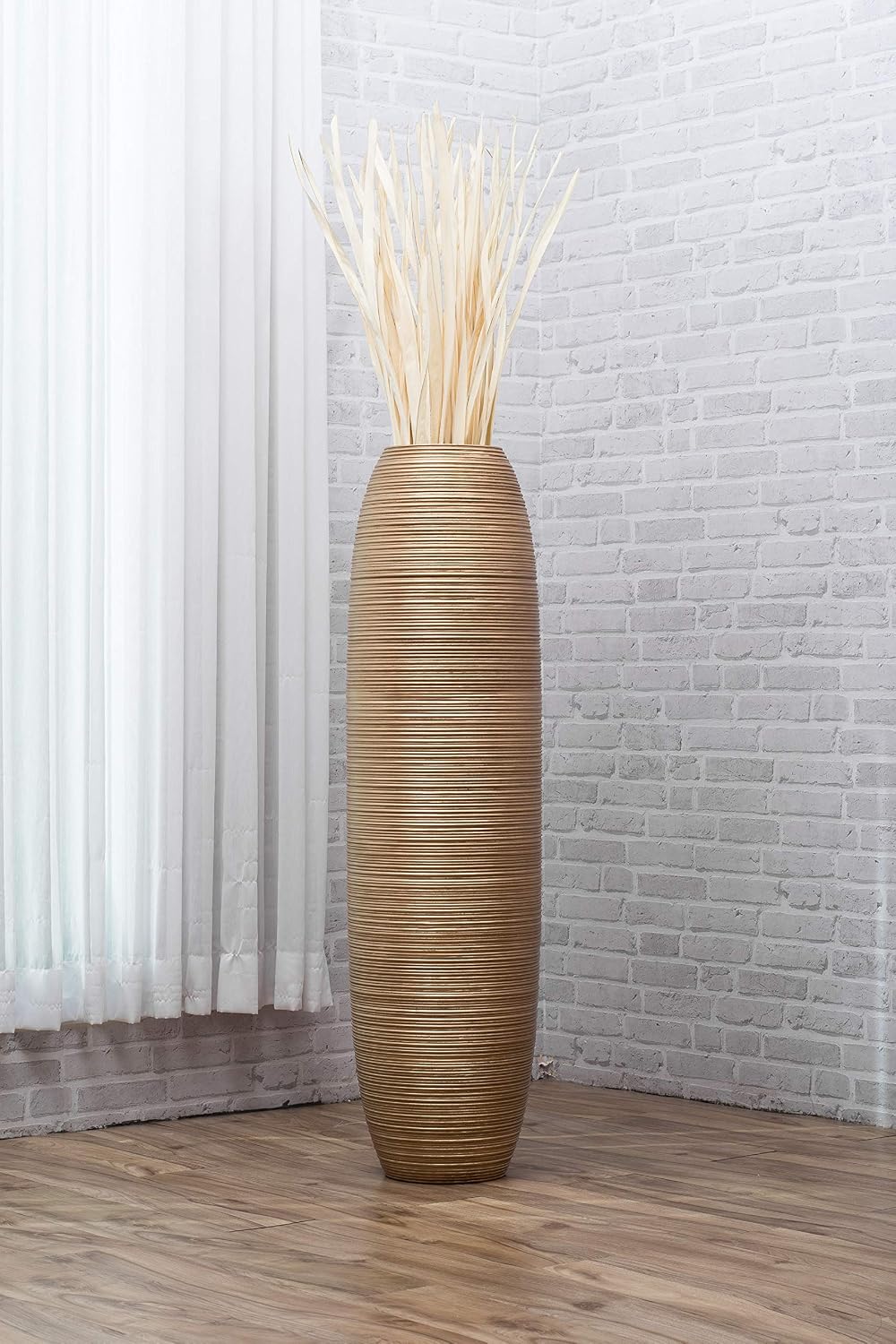 LEEWADEE Large Floor Vase – Handmade Flower Holder Made of Wood, Sophisticated Vessel for Decorative Branches and Dried Flowers, 43 inches, Golden