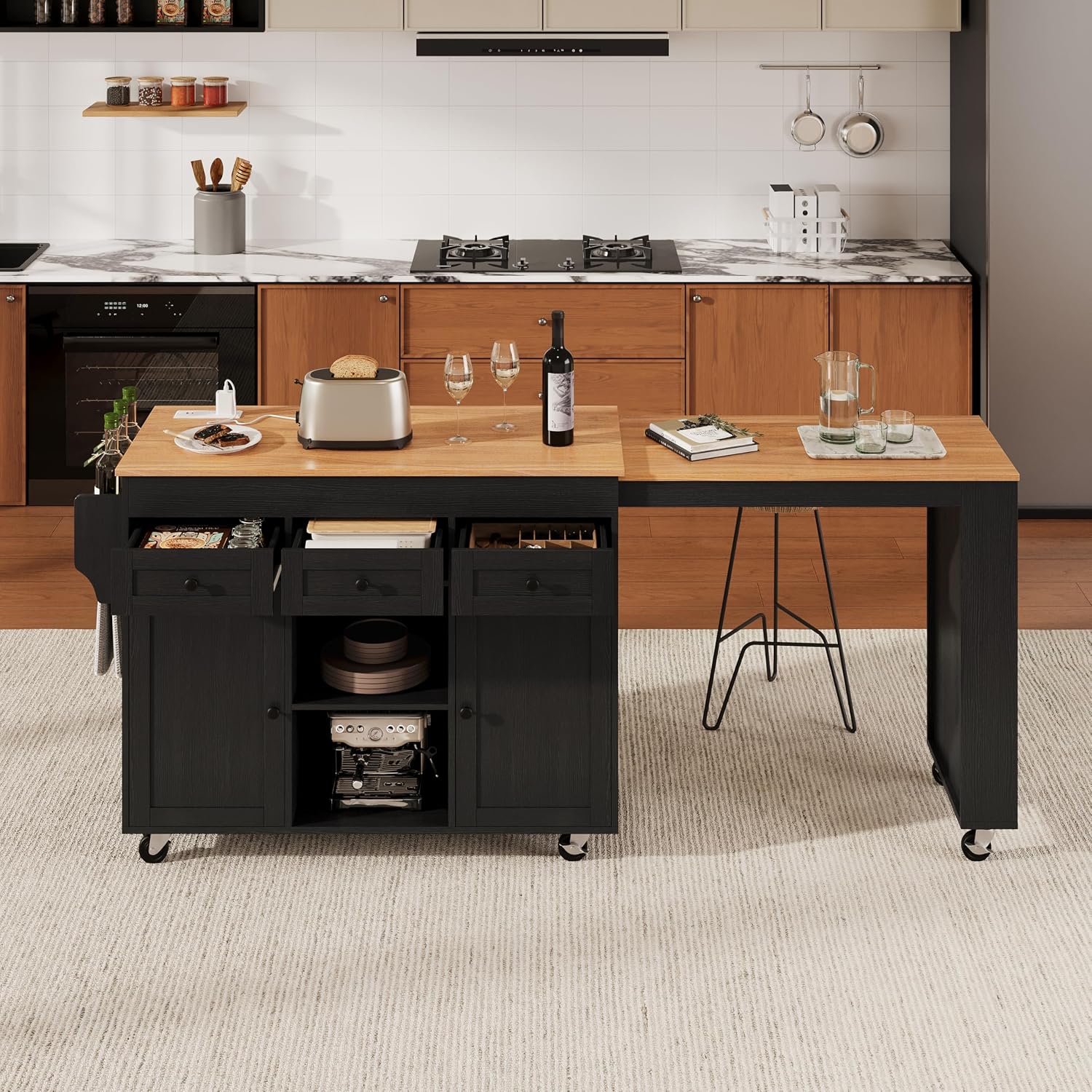 85.5' Kitchen Island with Extendable Dining Table, Kitchen Storage Cabinet with 3 Tier Spice Rack, Rolling Kitchen Island Cart with Power Outlet, 3 Drawers, 2 Doors for Kitchen, Dining Room, Black