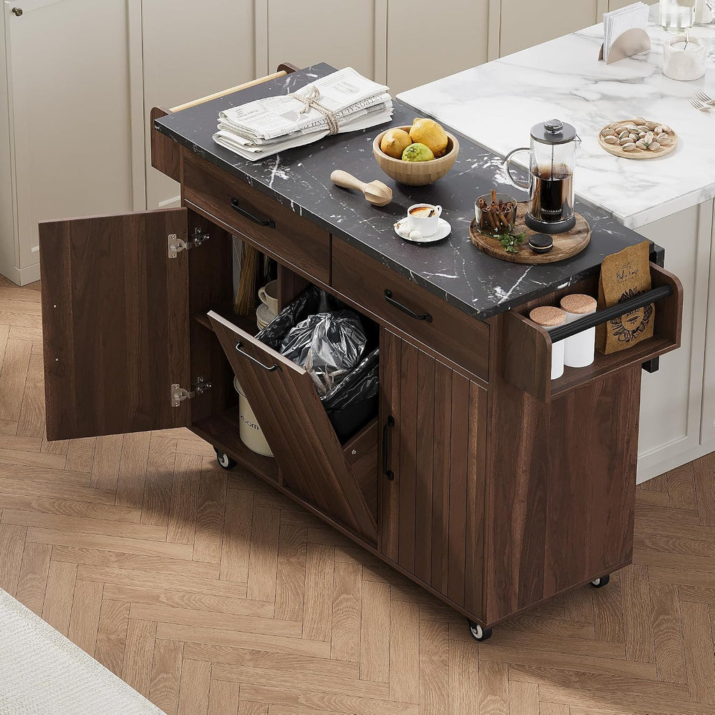 Kitchen Island with Trash Can Storage Cabinet, Kitchen Cart with Drop Leaf, Spice Rack, Towel Rack and Drawer, Rolling Kitchen Island on Wheels with Adjustable Shelf, Walnut Brown
