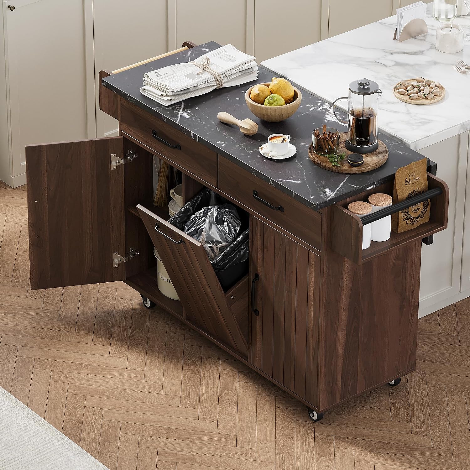 Kitchen Island with Trash Can Storage Cabinet, Kitchen Cart with Drop Leaf, Spice Rack, Towel Rack and Drawer, Rolling Kitchen Island on Wheels with Adjustable Shelf, Walnut Brown
