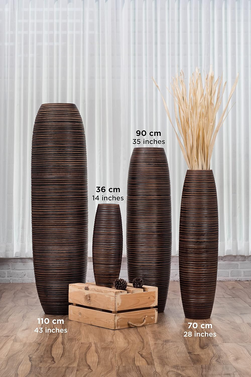 Leewadee Large Brown Home Decor Floor Vase - Wooden 26 inch Tall Farmhouse Decor Flower Holder for Fake Plant and Pampas Grass