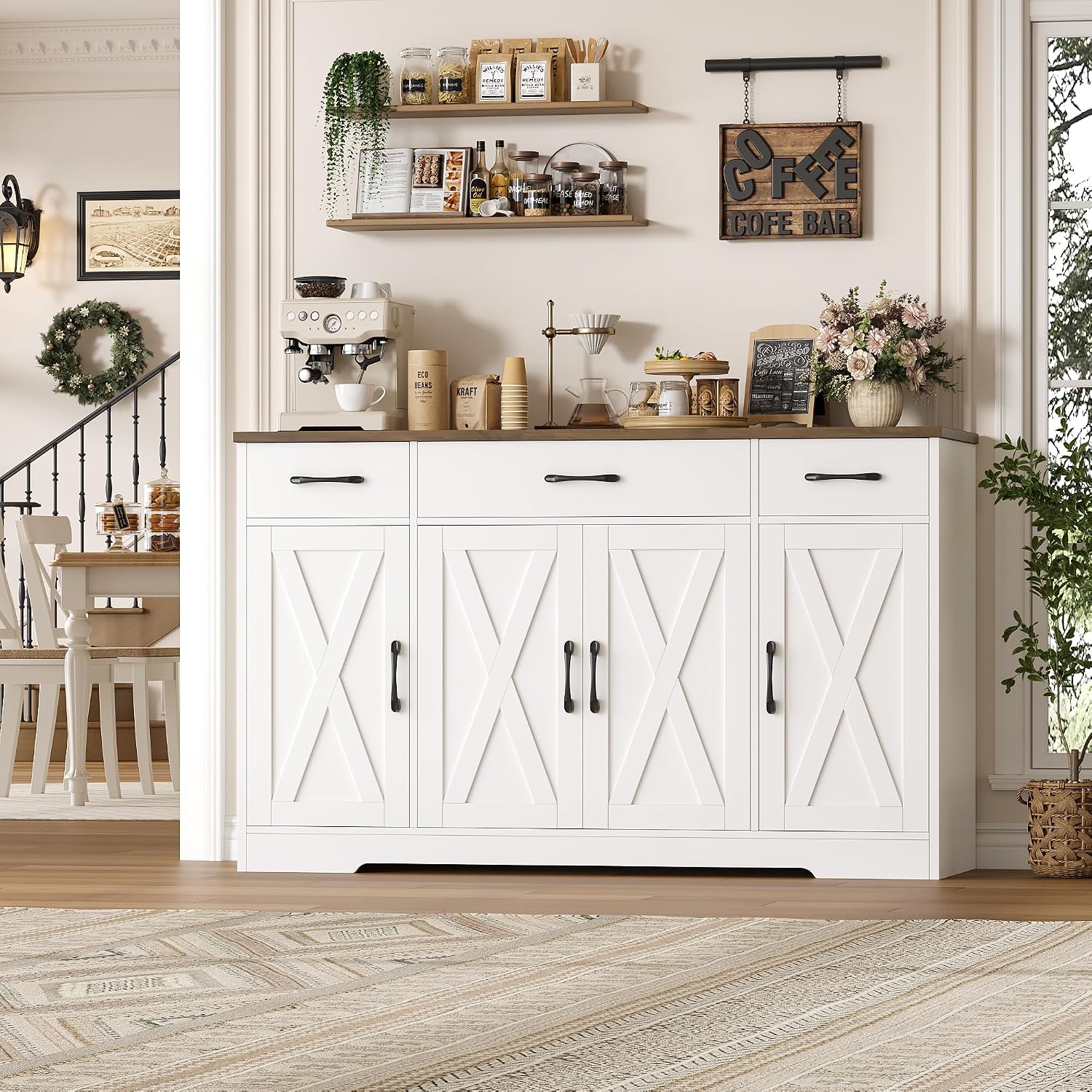 HOSTACK Buffet Cabinet with Drawers, 55' Large Sideboard Buffet Storage Cabinet with Shelves and Doors, Modern Farmhouse Coffee Bar Station Wood Kitchen Table for Kitchen, Dining Room, White/Rustic