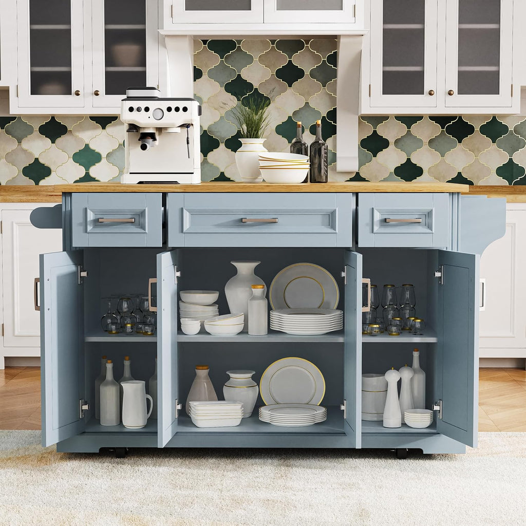 54' Rolling Storage Kitchen Island Cart on 4 Wheels with Drop Leaf, Embossed Texture, 4 Doors and 3 Drawers for Kitchen, Dining Room, Grey Blue, Rubber Wood Top