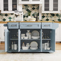 54' Rolling Storage Kitchen Island Cart on 4 Wheels with Drop Leaf, Embossed Texture, 4 Doors and 3 Drawers for Kitchen, Dining Room, Grey Blue, Rubber Wood Top