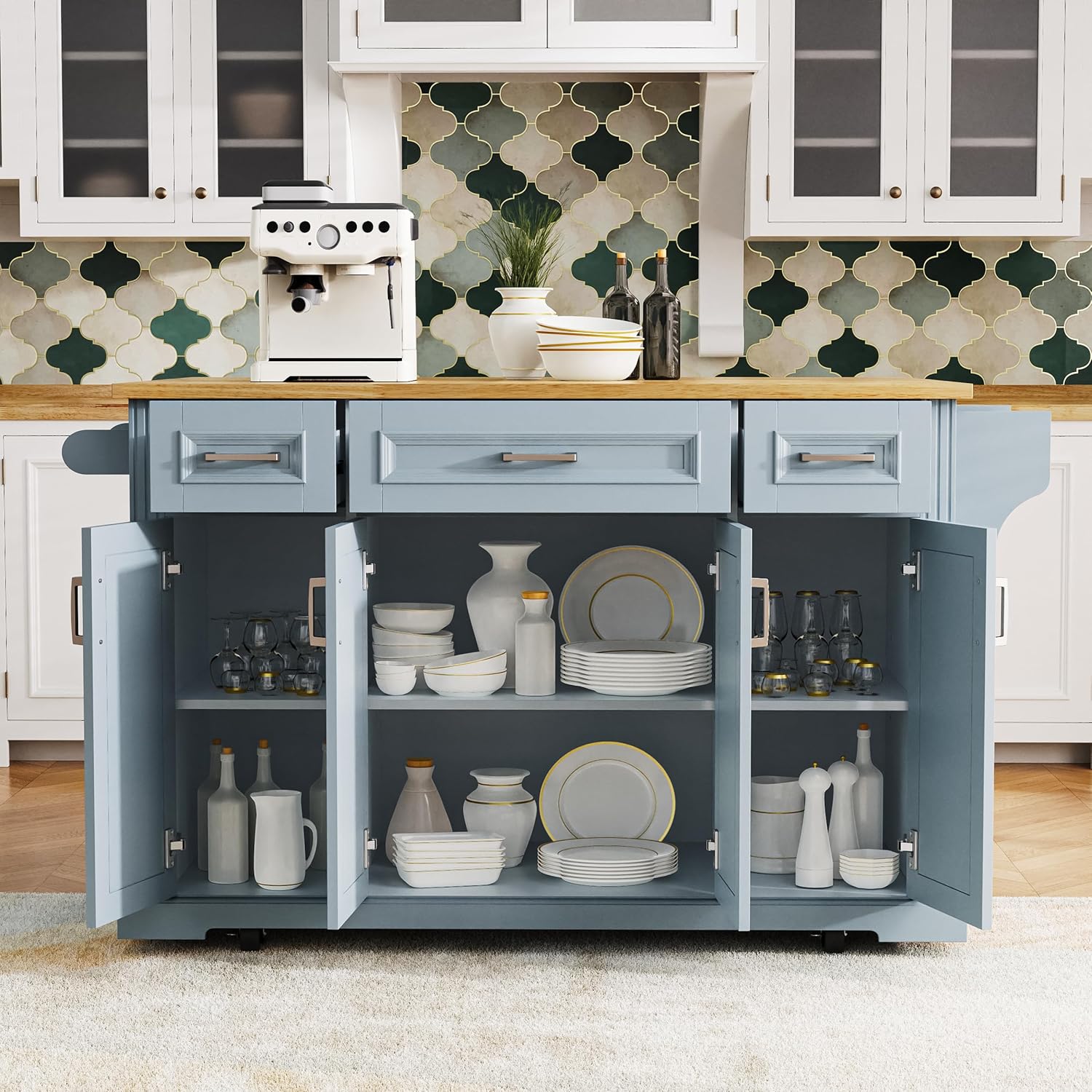 54' Rolling Storage Kitchen Island Cart on 4 Wheels with Drop Leaf, Embossed Texture, 4 Doors and 3 Drawers for Kitchen, Dining Room, Grey Blue, Rubber Wood Top