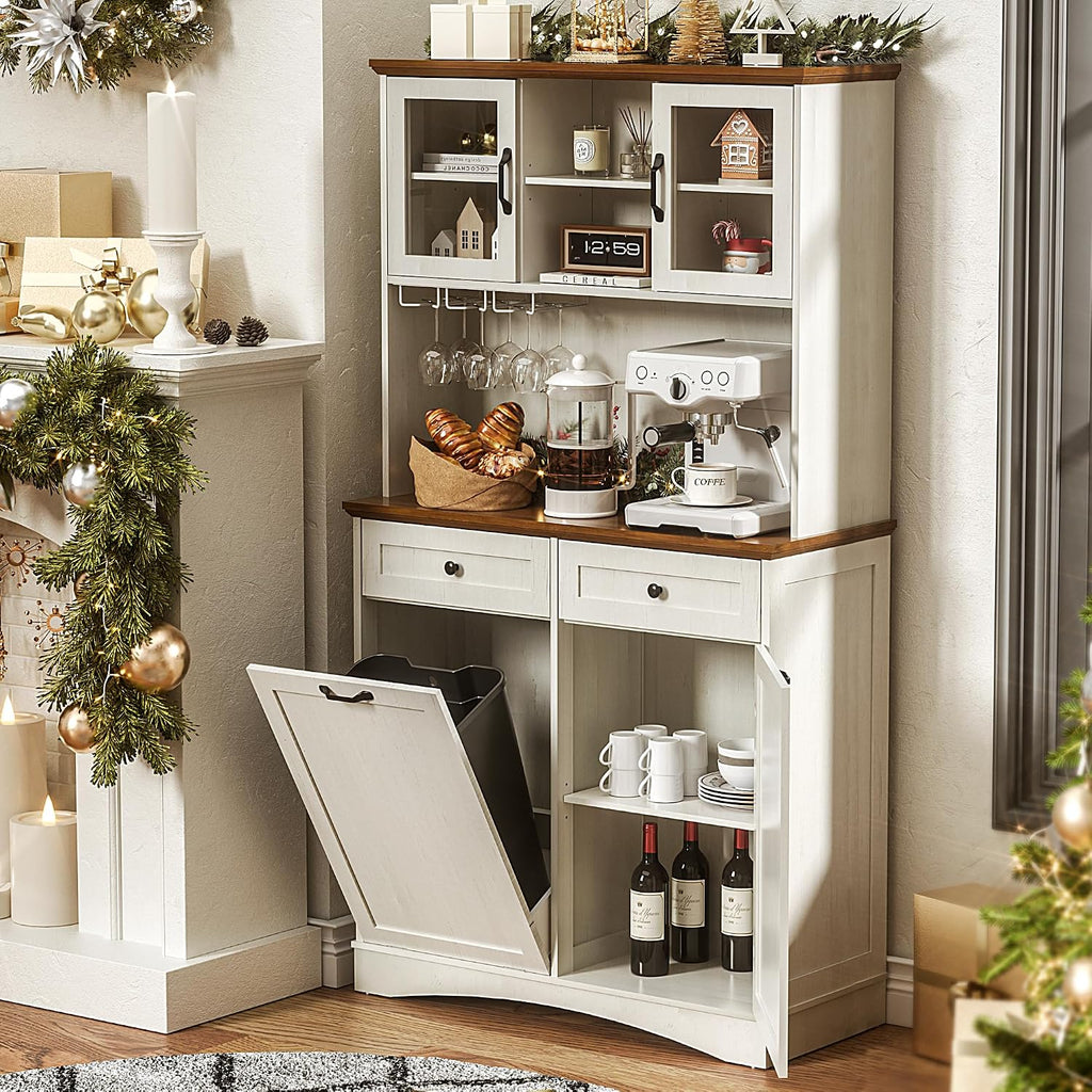 Tilt Out Trash Cabinet, Kitchen Pantry Storage Cabinets with Adjustable Shelves and Drawers, Wooden Freestanding Cabinet Trash Cans for Kitchen Living Room Dining Room, White, 13 Gallons
