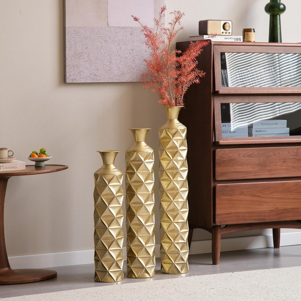 Floor Vases Decorative Tall - 33.5/29.5/25.2in Metal Extra Large Decorative Vase Set of 3, Semi-Handmade Gold-Plated Tall Floor Vase for Home Decor, Living Room Entryway Decor Dining Bedroom