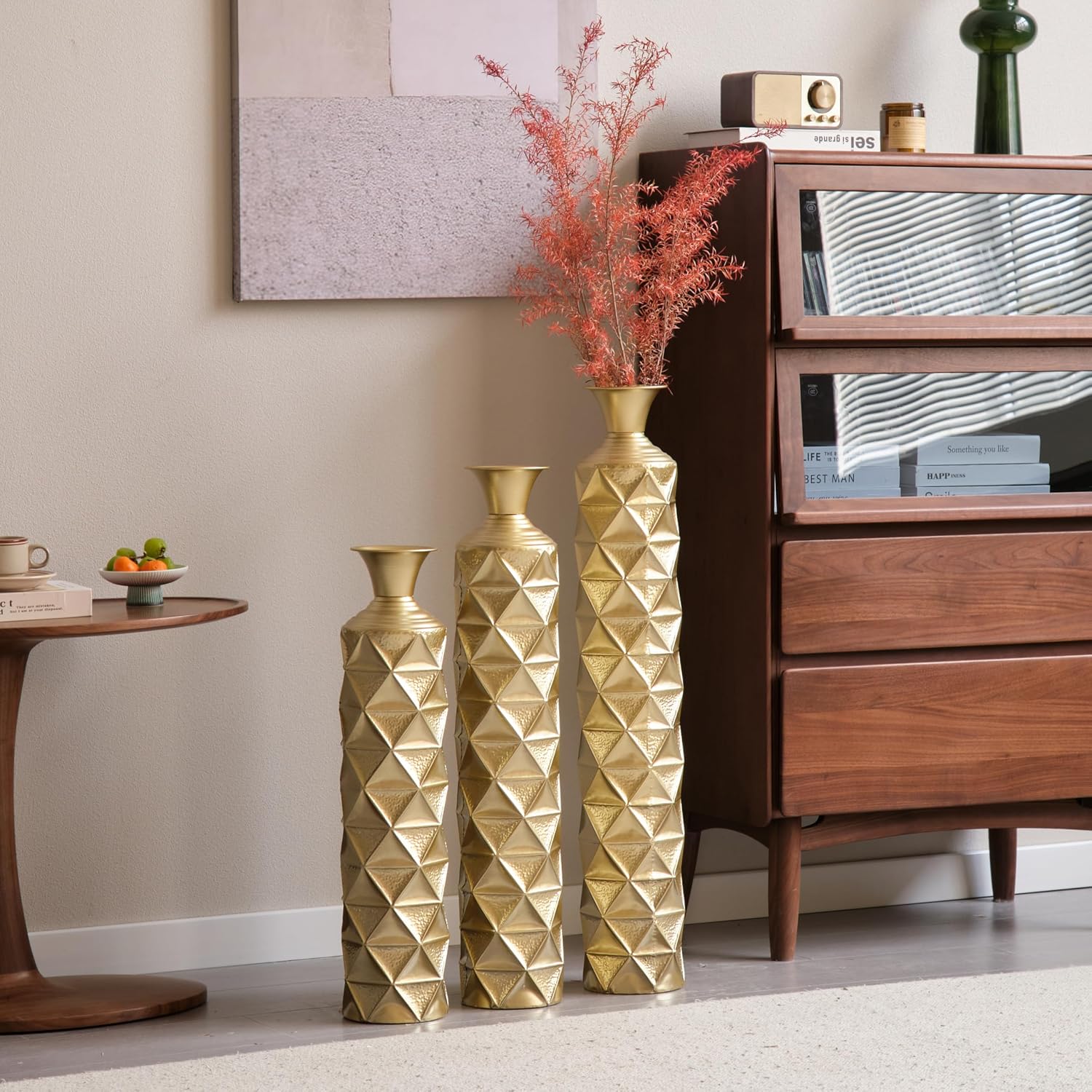 Floor Vases Decorative Tall - 33.5/29.5/25.2in Metal Extra Large Decorative Vase Set of 3, Semi-Handmade Gold-Plated Tall Floor Vase for Home Decor, Living Room Entryway Decor Dining Bedroom