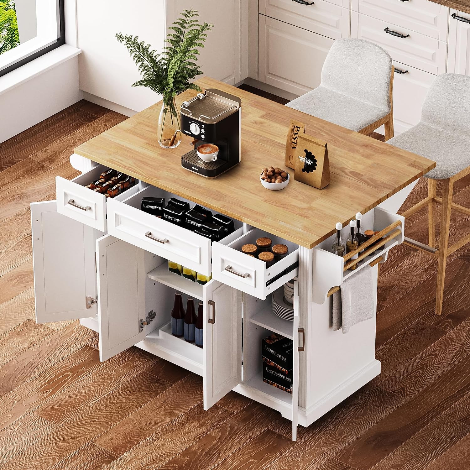 54' Rolling Storage Kitchen Island Cart on 4 Wheels with Drop Leaf, Embossed Texture, 4 Doors and 3 Drawers for Kitchen, Dining Room, White, Rubber Wood Top