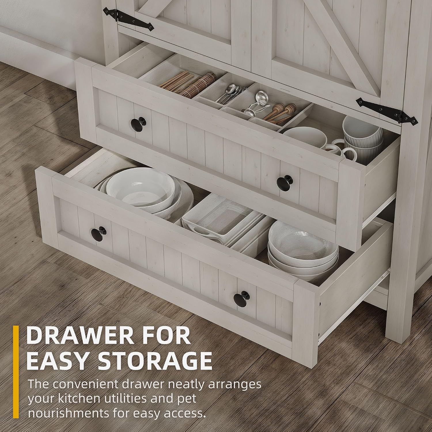 DWVO 64.5' H Kitchen Pantry Cabinet, Storage Cabinet with Barn Doors, 2 Drawers and Adjustable Shelves, Farmhouse Cupboard for Dining Room, Living Room, Bathroom, Off White