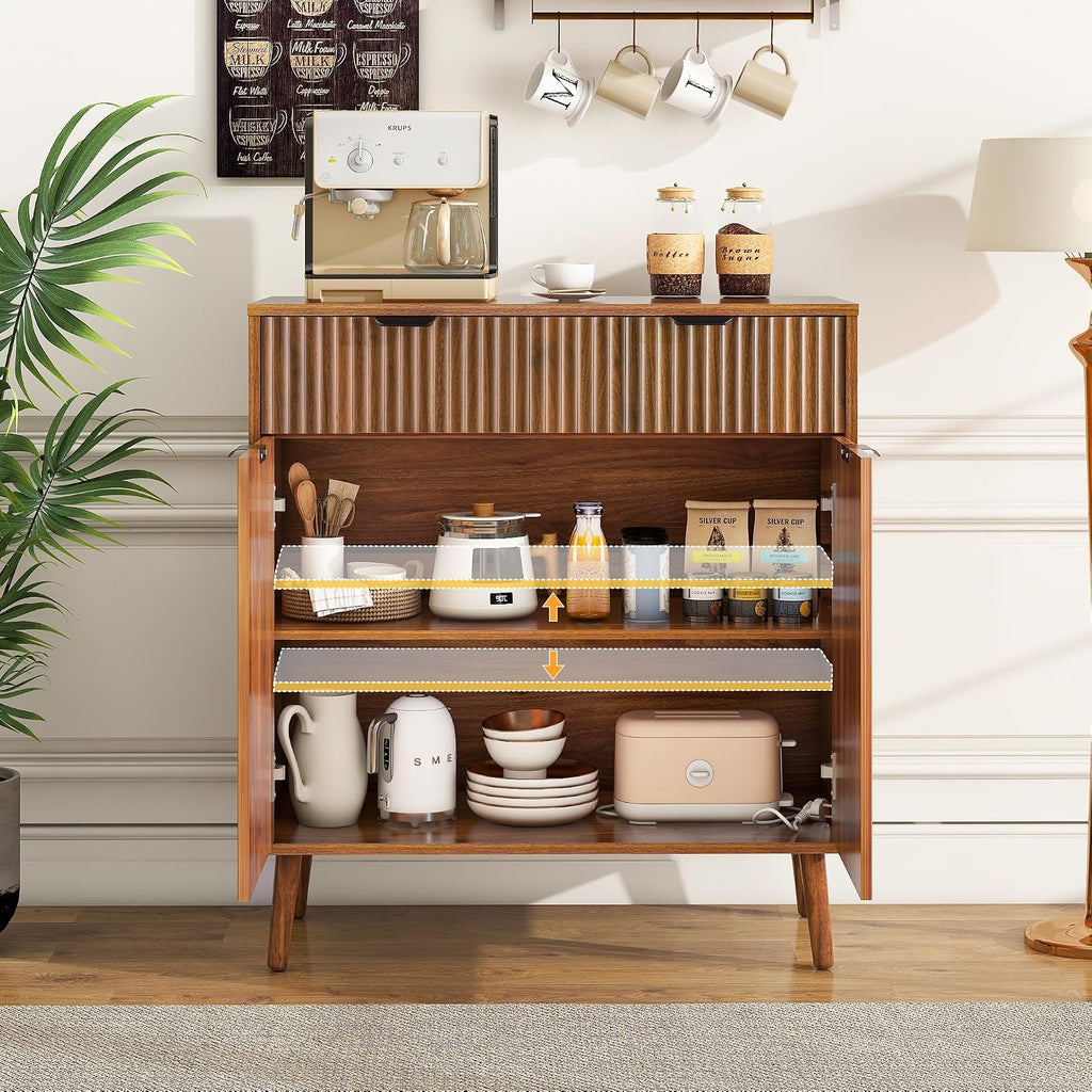 LYNCOHOME Fluted Sideboard Buffet Cabinet with Storage, 1 Drawers and 2 Doors,Solid Wood Feet for Kitchen, Hallway