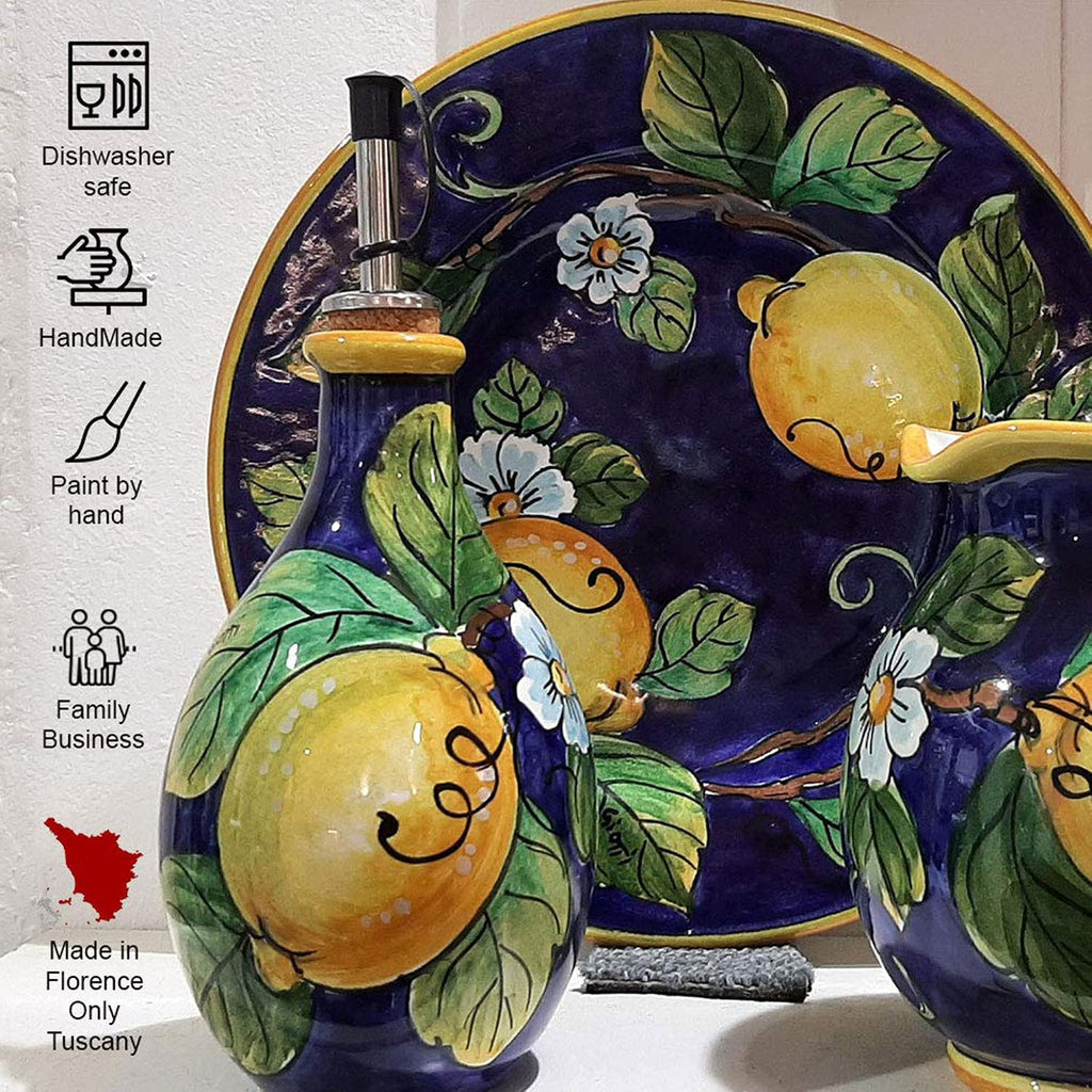 Italian Ceramic Wine Jug Lemon - 16.9 oz Hand Painted Utensil Holder Or Carafe Design for Kitchen - Made in ITALY Tuscany - Italian Pottery Vase Jar for Wine - Home Decor Ceramics Dispenser