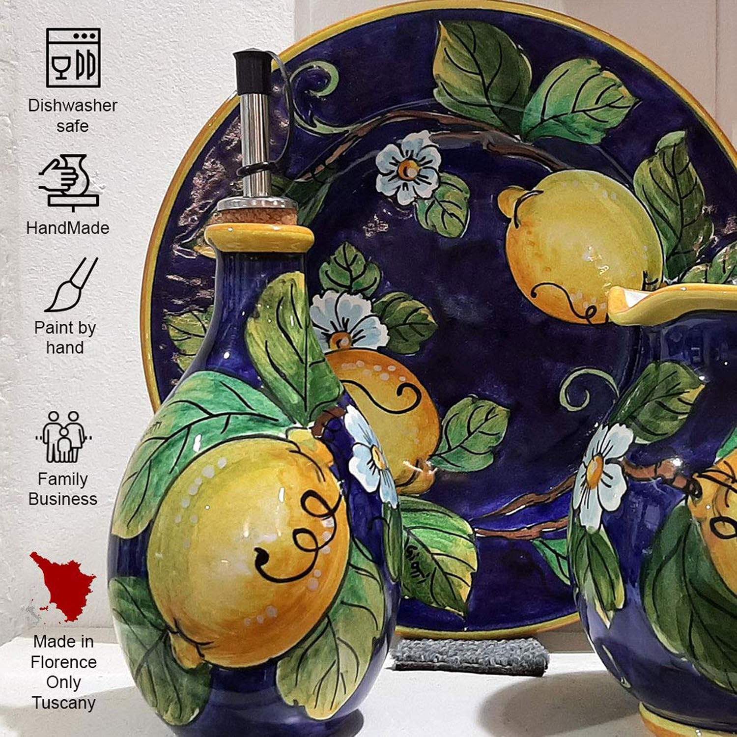 Italian Ceramic Wine Jug Lemon - 16.9 oz Hand Painted Utensil Holder Or Carafe Design for Kitchen - Made in ITALY Tuscany - Italian Pottery Vase Jar for Wine - Home Decor Ceramics Dispenser