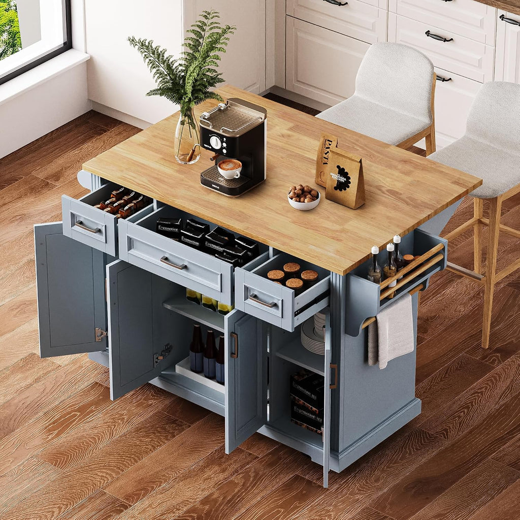 54' Rolling Storage Kitchen Island Cart on 4 Wheels with Drop Leaf, Embossed Texture, 4 Doors and 3 Drawers for Kitchen, Dining Room, Grey Blue, Rubber Wood Top
