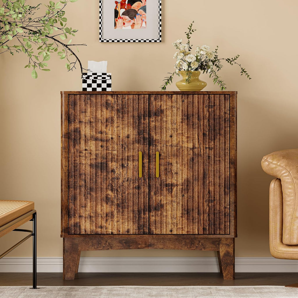 BORNOON Storage Cabinet with Doors and Adjustable Shelf, Modern Fluted Sideboard Buffet Cabinet, Freestanding Coffee Bar for Kitchen, Pantry, Entryway, Living Room (Rustic Brown)