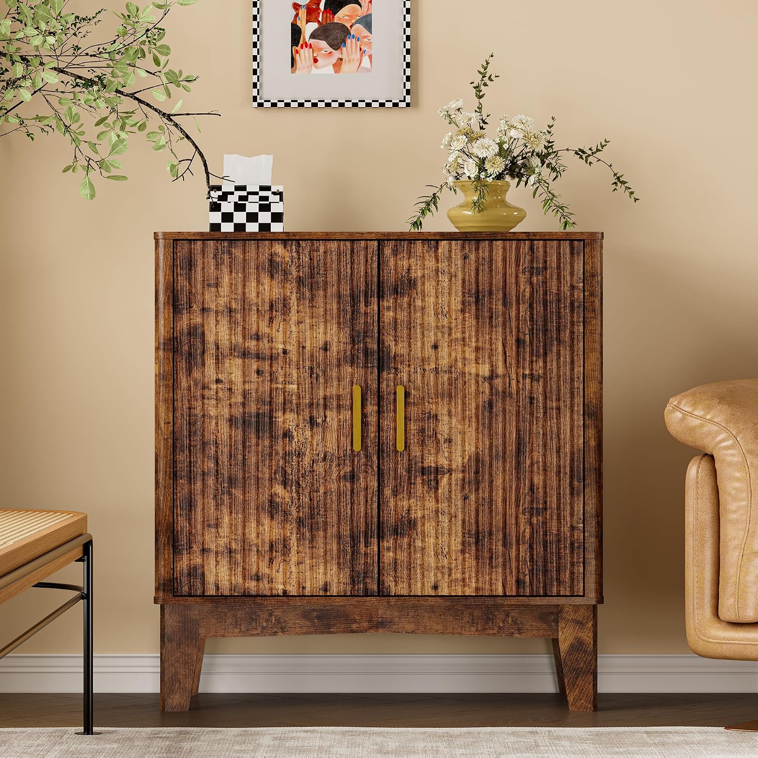 BORNOON Storage Cabinet with Doors and Adjustable Shelf, Modern Fluted Sideboard Buffet Cabinet, Freestanding Coffee Bar for Kitchen, Pantry, Entryway, Living Room (Rustic Brown)