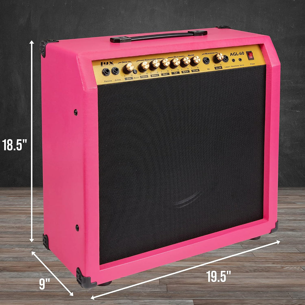 LyxPro 60 Watt Electric Guitar Amplifier | Combo Solid State Studio & Stage Amp with 10' 4-Ohm Speaker, Custom EQ Controls, Drive, Delay, ¼' Passive/Active/Mic Inputs, Aux In & Headphone Jack - Pink