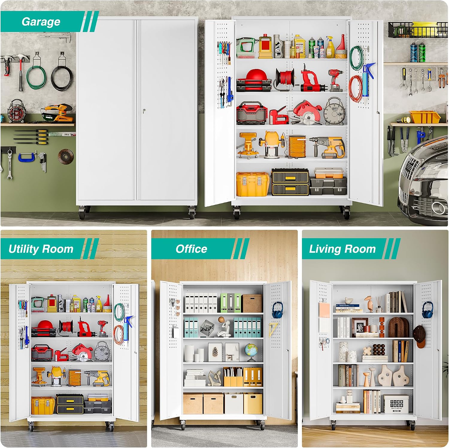 SISESOL Wide & Deep Metal Storage Cabinet with Wheels,Tall Rolling Garage Storage Cabinet with Lock,White Metal Cabinets with Pegboards and Shelves,Tool Locker for Garage,Home,Office,43''Wx 20''Dx71'H