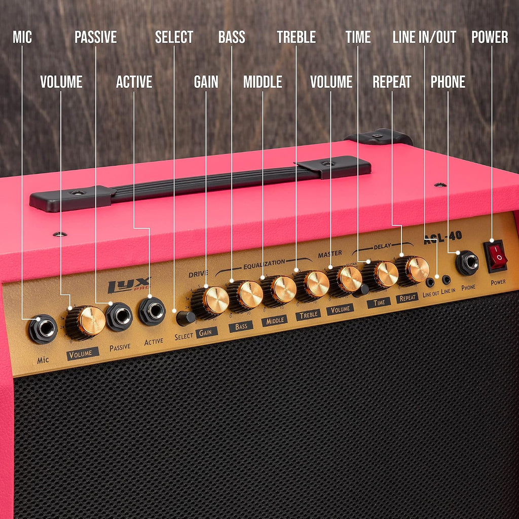 LyxPro 40 Watt Electric Guitar Amplifier | Combo Solid State Studio Amp with 8' 4-Ohm Speaker, Custom EQ Controls, Drive, Delay, ¼' Passive/Active/Microphone Inputs, Aux In & Headphone Jack - Pink