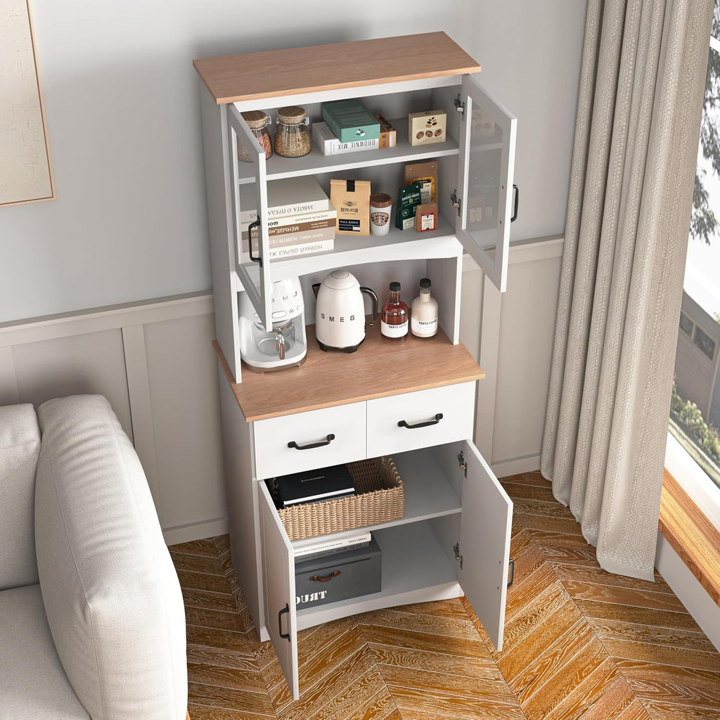 Wooden-Style Kitchen Cabinet with Framed Glass Doors & Drawer - Microwave Stand with Storage, Adjustable Shelfes for Kitchen, Dining Room (White)