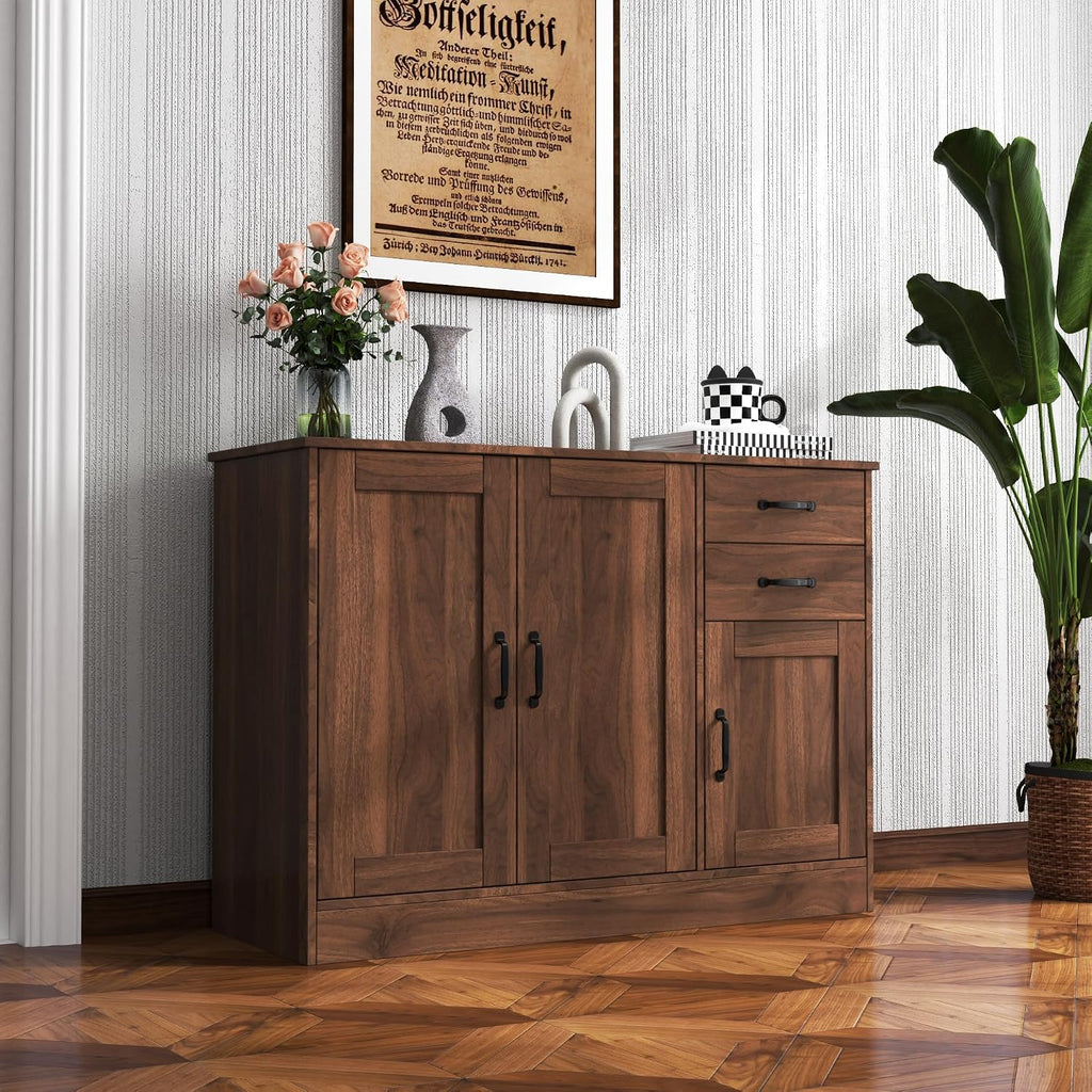 43' Modern Wood Freestanding Storage Cabinet, Kitchen Storage Bakers Rack with Easy Clean, Utility Food Cupboard with 2 Drawers for Dining Room Organization, Walnut