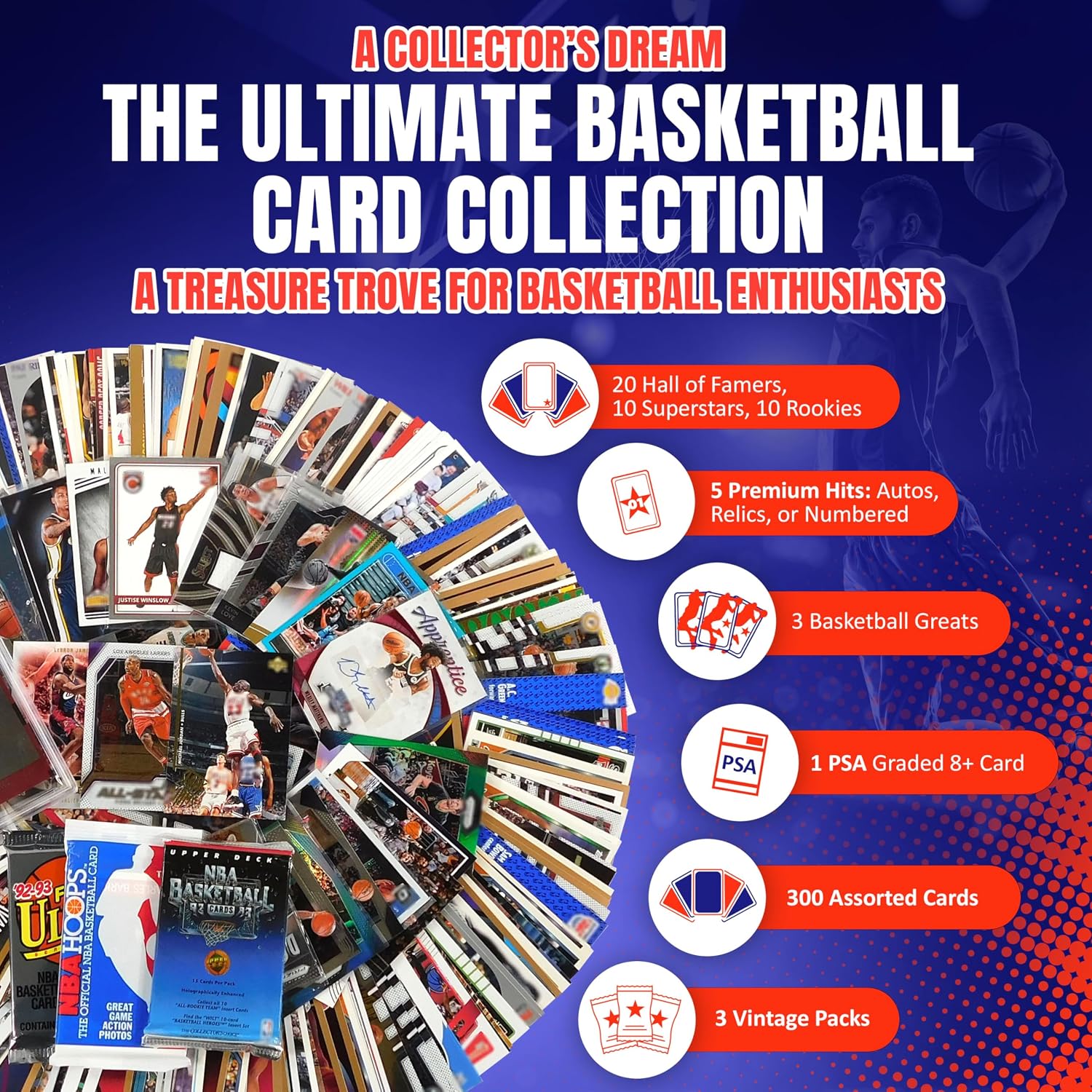 Ultimate Basketball Card Collection | PSA Graded 8+ Star, 5 Hits: Auto, Relic, Numbered, 3 Greats, 300 Assorted Basketball Cards, 20 HOF, 3 Vintage Packs | For Sports Card Collectors