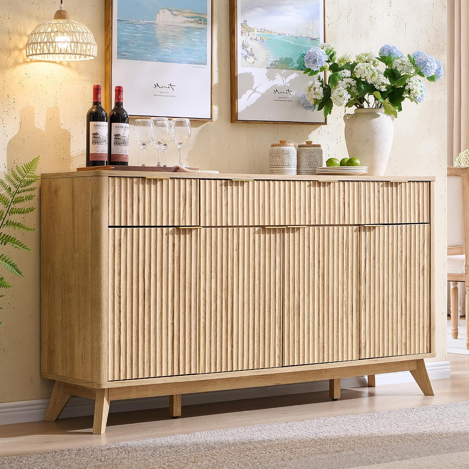 OKD Fluted Storage Cabinet with Drawers, 60' Morden Buffet Sideboard Coffee Bar Cabinet with 4 Doors and 3 Drawers for Dining Room, Living Room,Hallway (Natural Oak)