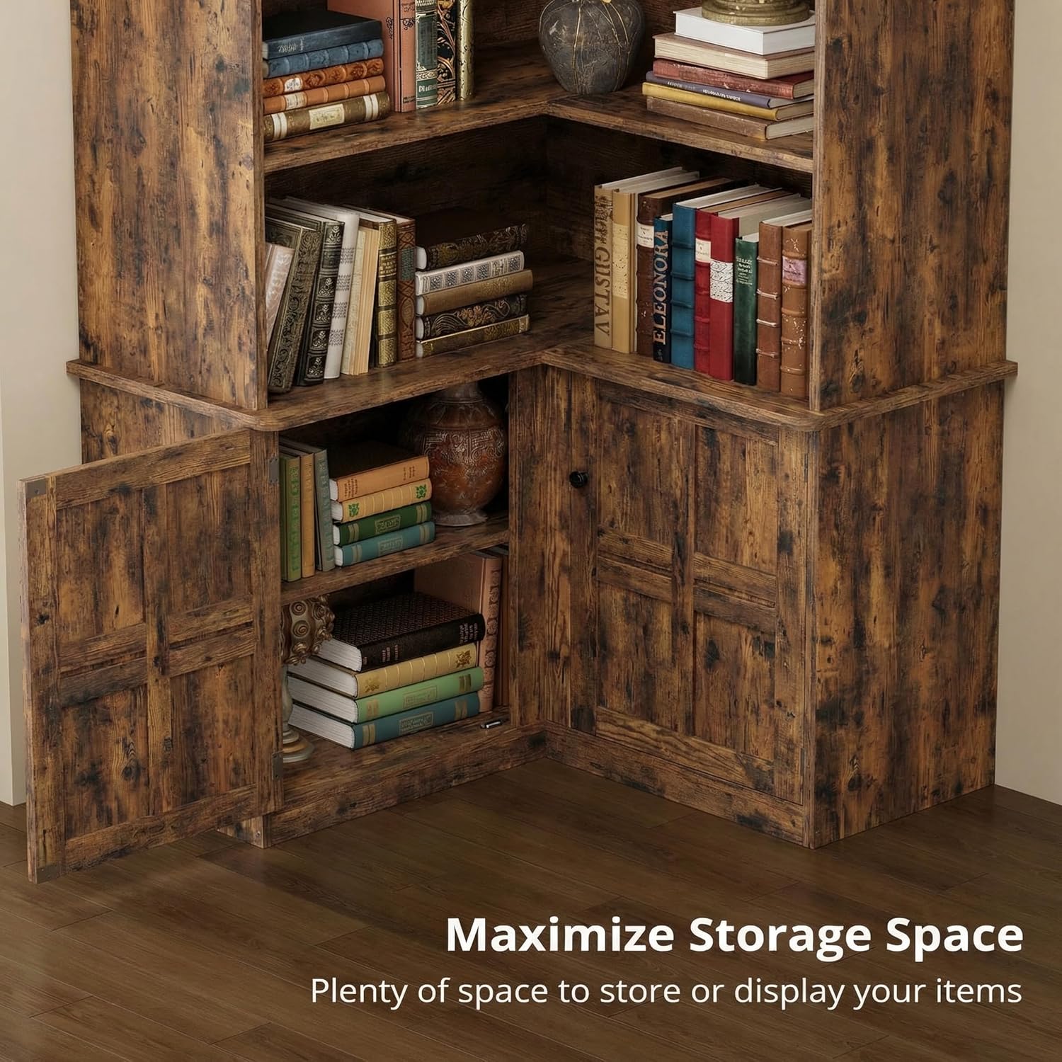 IRONCK Corner Bookshelf with Doors, 6-Tier Tall Corner Bookcase with Storage Cabinet, L-Shaped Corner Shelf for Living Room, Home Office, Vintage Brown