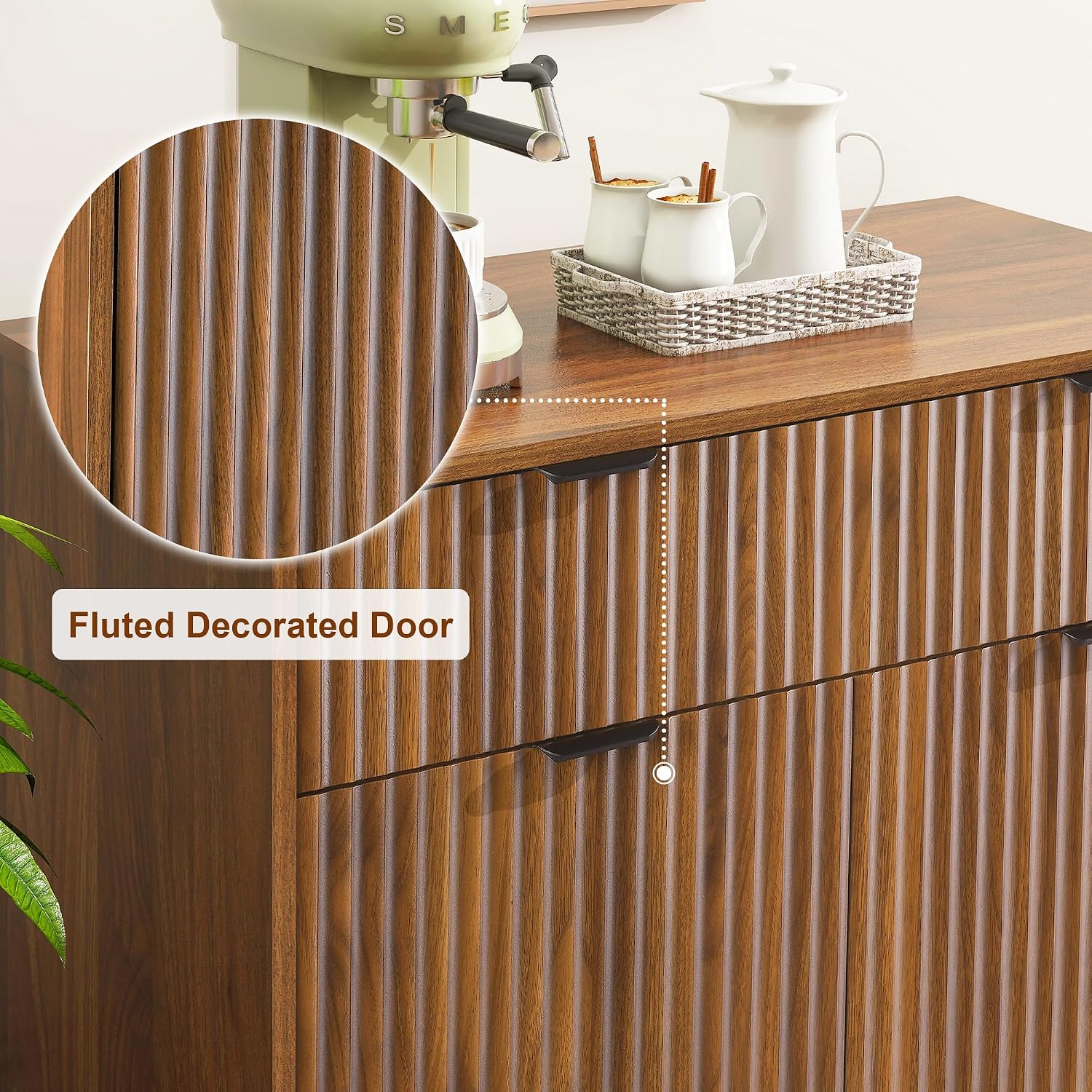LYNCOHOME Fluted Sideboard Buffet Cabinet with Storage, 1 Drawers and 2 Doors,Solid Wood Feet for Kitchen, Hallway