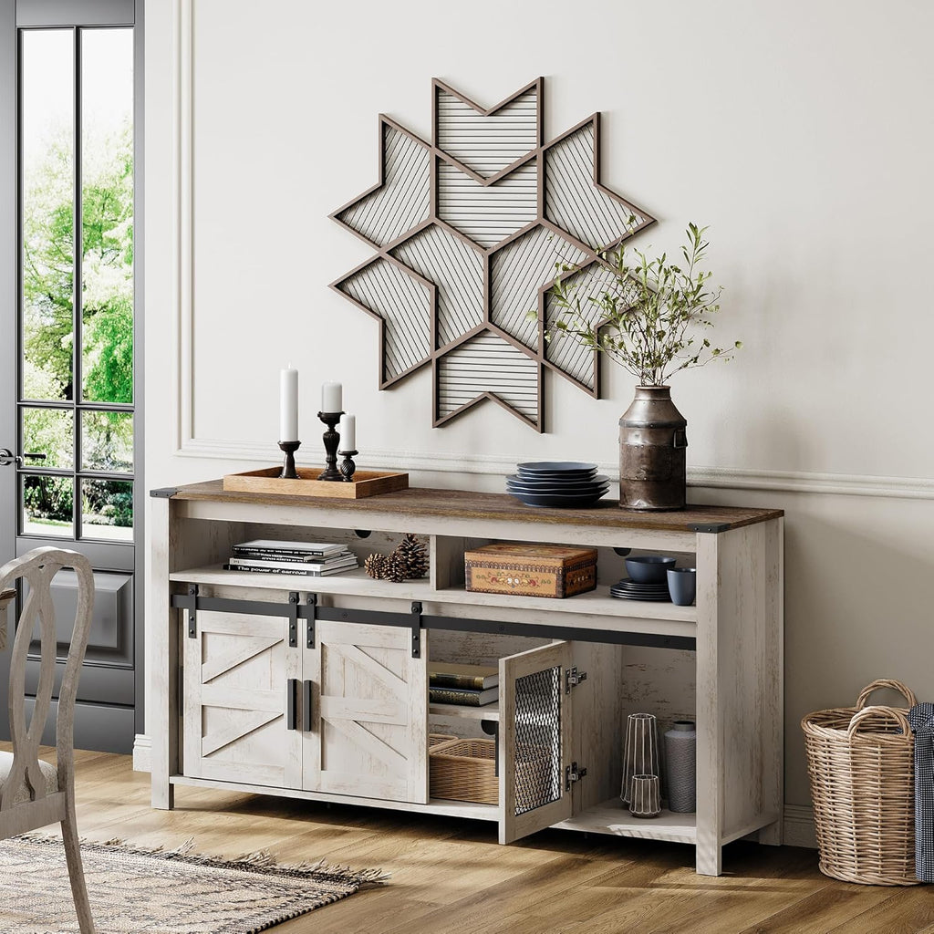 WAMPAT Farmhouse Buffet Cabinet, Rustic Sideboard with Sliding Barn Doors, 59' Coffee Bar Storage Cabinet with Mesh Doors, Cupboard Table for Kitchen, Dining Room, Living Room，Rustic Oak and White