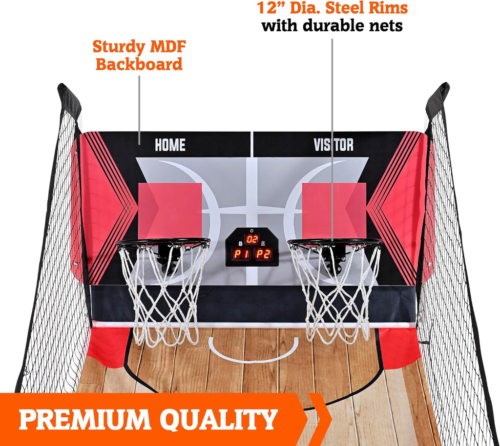 Hall of Games EZ Fold Premium Indoor Arcade Basketball Game with Steel Frame and Polycarbonate Backboard, Dual Shot Electronic Scoring with 6 Size 3 Balls Included, Perfect for Basement Game Rooms