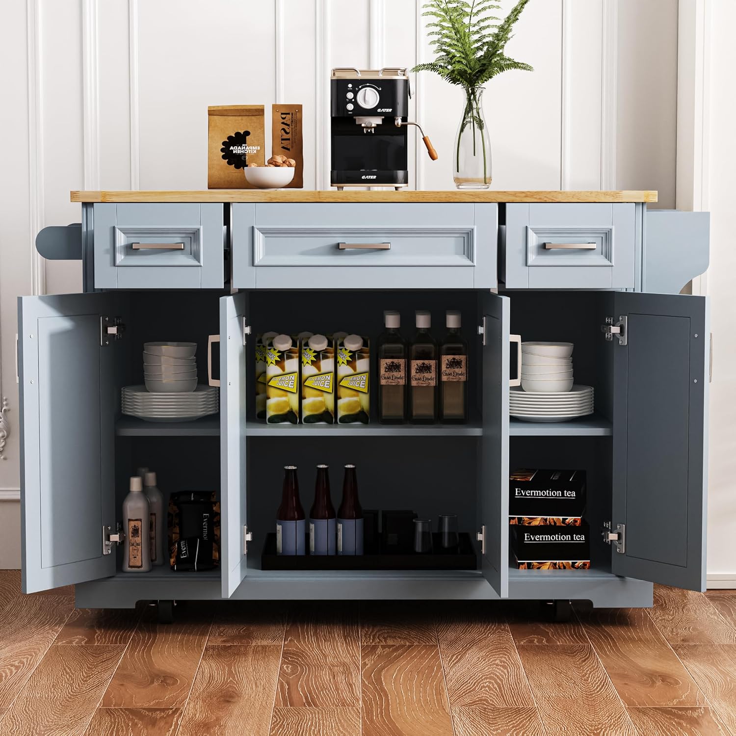 54' Rolling Storage Kitchen Island Cart on 4 Wheels with Drop Leaf, Embossed Texture, 4 Doors and 3 Drawers for Kitchen, Dining Room, Grey Blue, Rubber Wood Top