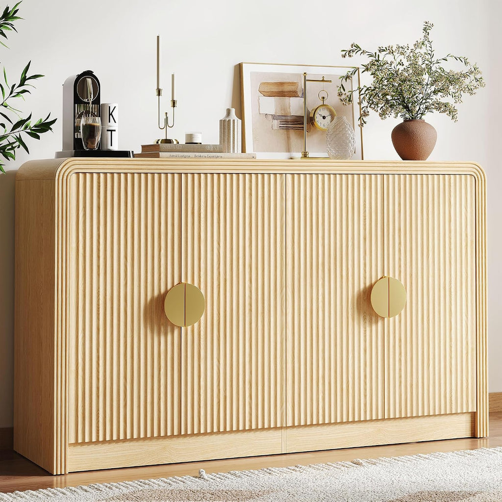 Decofy 55' Buffet Sideboard Cabinet, Mid Century Modern Console Cabinet with Wavy Grain Doors & Adjustable Shelves for Kitchen Cabinets, Living Room, Entryway, Coffee Bar Cabinet, Natural Oak