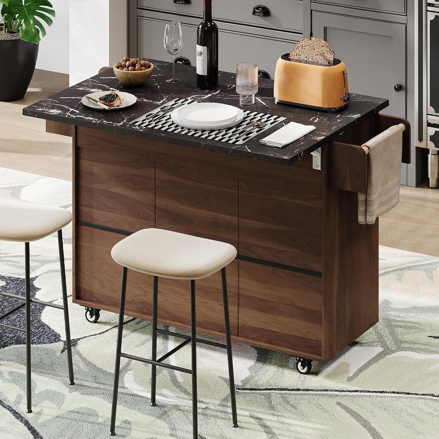 Rolling Kitchen Island Carton Wheels with Trash Can Storage Cabinet, Drop Leaf, Spice Rack, Towel Rack, Drawer, Adjustable Shelf for Dining Room Kitchens Walnut Brown
