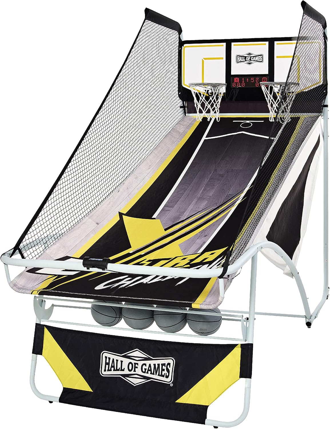 Hall of Games Xtra Long Shot EZ-Fold Premium Arcade Basketball Game with Built-in 4-Ball Storage Rack, Pop Off with The Perfect Basketball Game