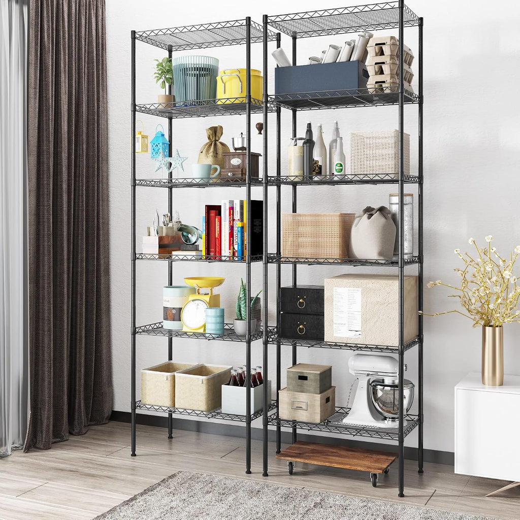 Himimi 6 Tier Storage Shelf Wire Shelving Unit Adjustable Rack Free Standing Organization with Leveling Feet, Stainless Side Hooks for Laundry Bathroom Kitchen Pantry Closet,2-Pack Shelves,Black