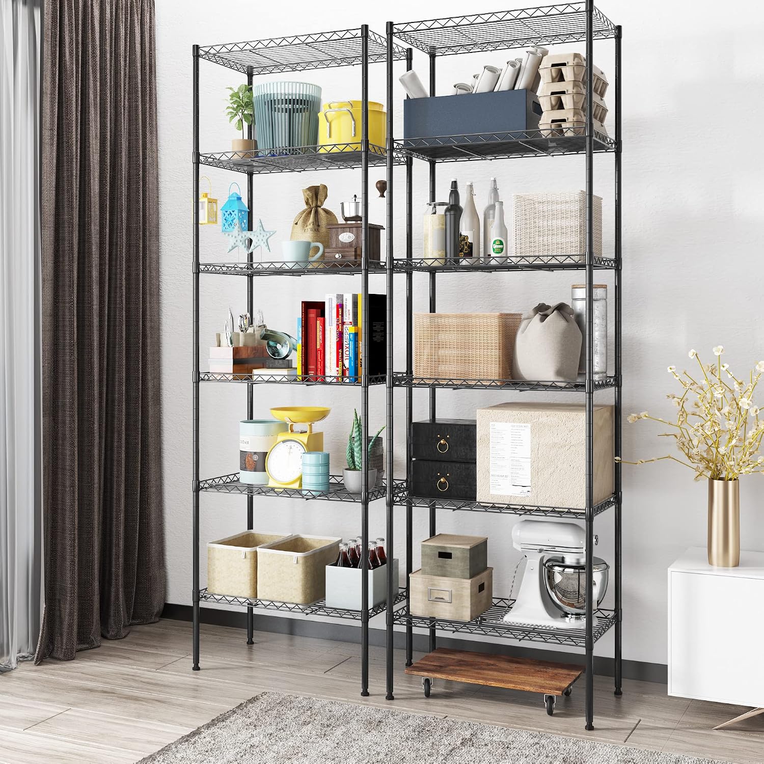 Himimi 6 Tier Storage Shelf Wire Shelving Unit Adjustable Rack Free Standing Organization with Leveling Feet, Stainless Side Hooks for Laundry Bathroom Kitchen Pantry Closet,2-Pack Shelves,Black