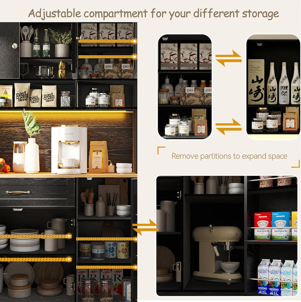 FJTJBSI 72' Kitchen Pantry Cabinet with LED Light and Charging Station Tall Pantry Storage Cabinet with Adjustable Shelves and Door Shelves Modern Kitchen Hutch with Countertop Black