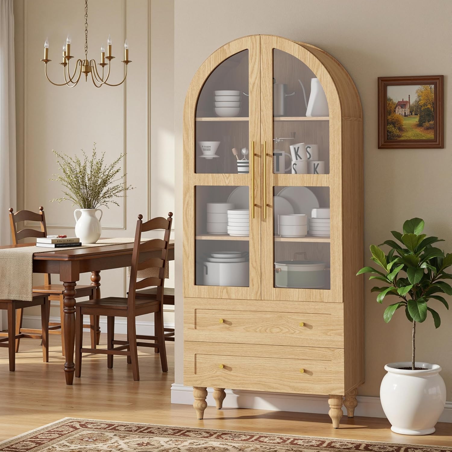 Vongrasig 71' Tall Arched Kitchen Pantry Storage Cabinet with Glass Doors, 2 Large Drawers, 6-Tier Tall Rustic Wood Cupboard Locker for Kitchen, Dining Room, Living Room, Bathroom,Natural